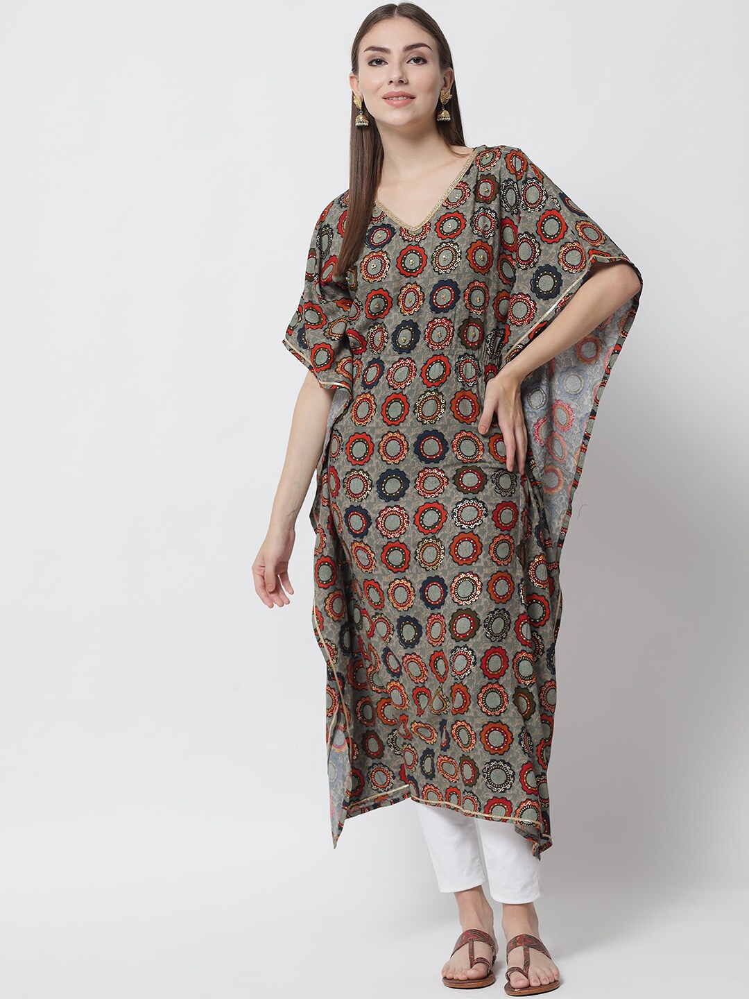 

Pankvi Women Grey Ethnic Motifs Printed Thread Work Kaftan Kurta