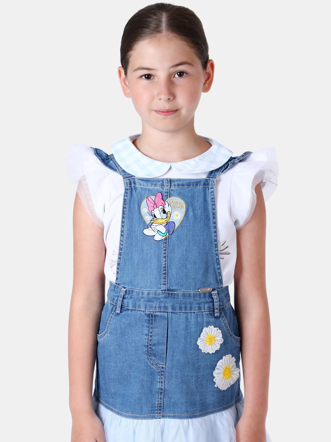 

One Friday Girls Blue Daisy Duck Printed Denim Dungaree