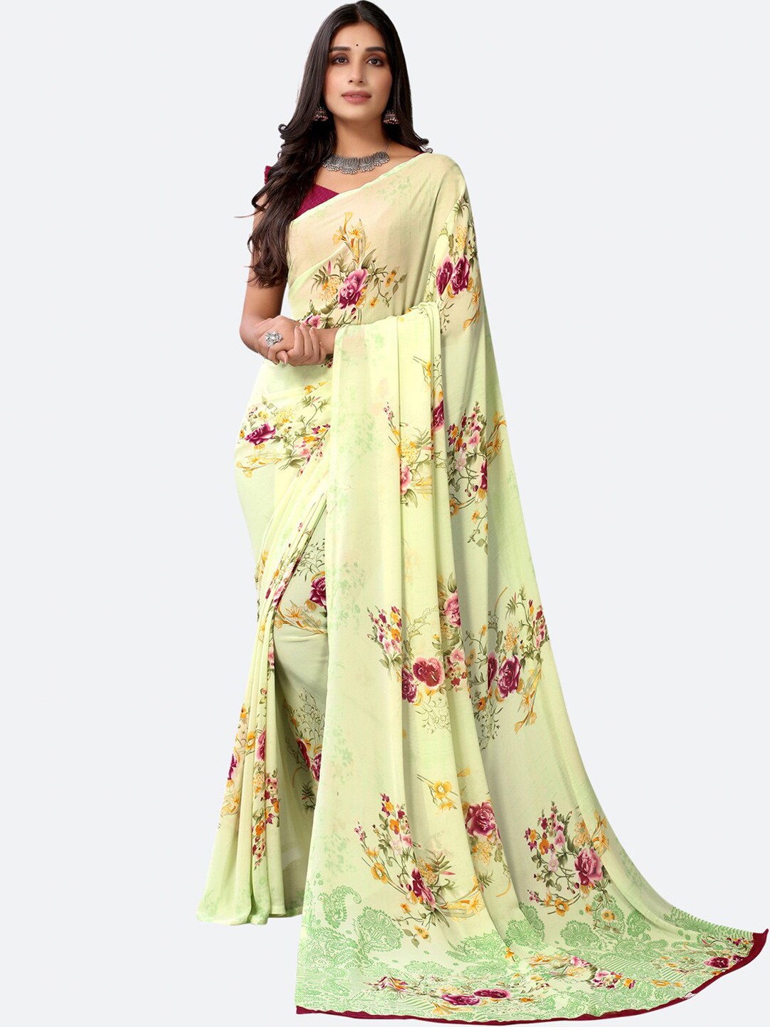 

Satrani Yellow & Pink Floral Saree