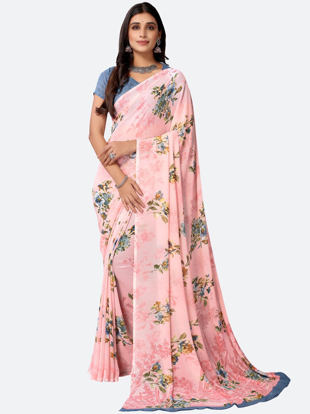 

Satrani Pink & Blue Floral Printed Saree