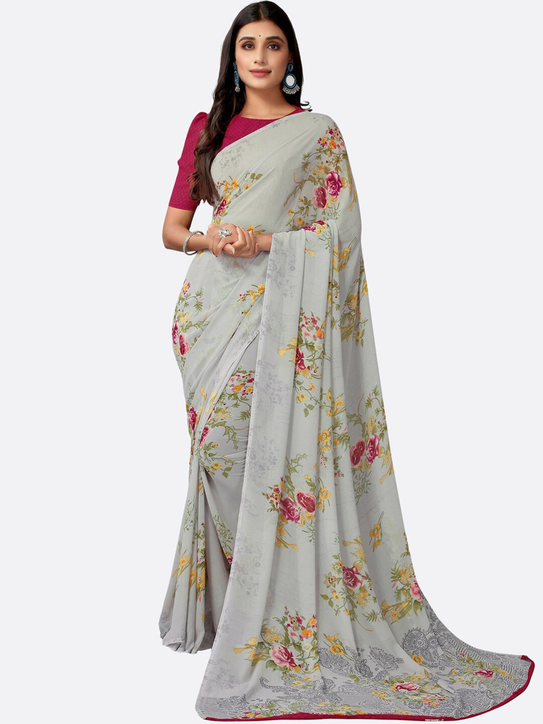 

Satrani Grey & Pink Floral Printed Georgette Saree