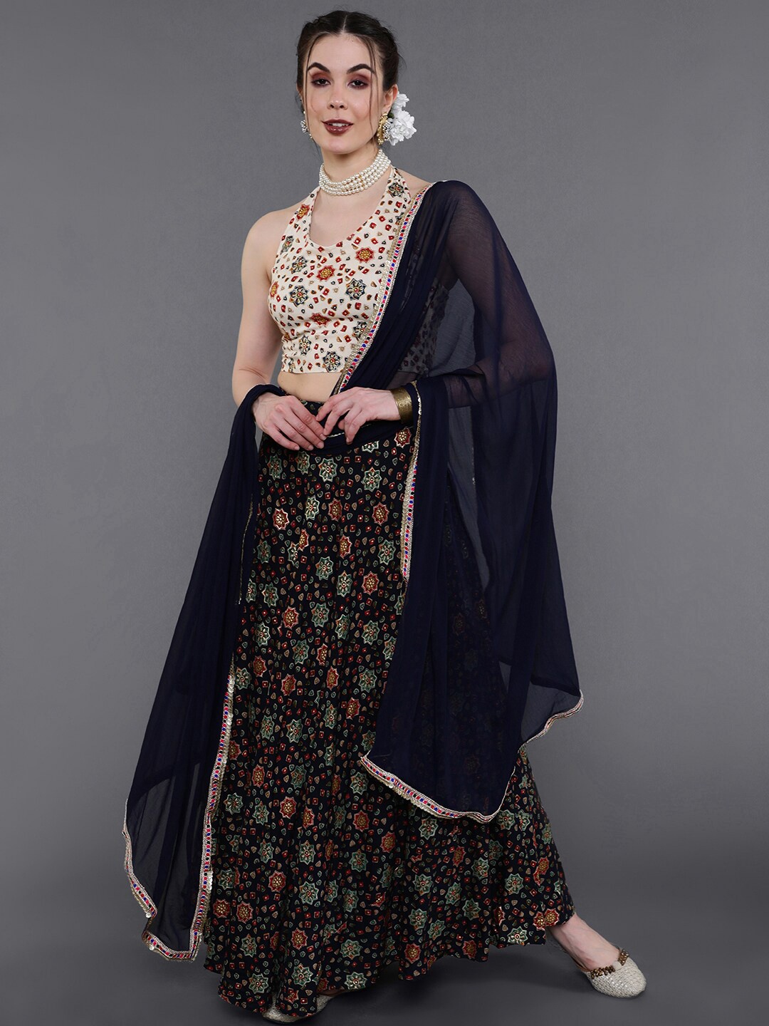 

saubhagya Navy Blue & Printed Ready to Wear Lehenga & Blouse With Dupatta