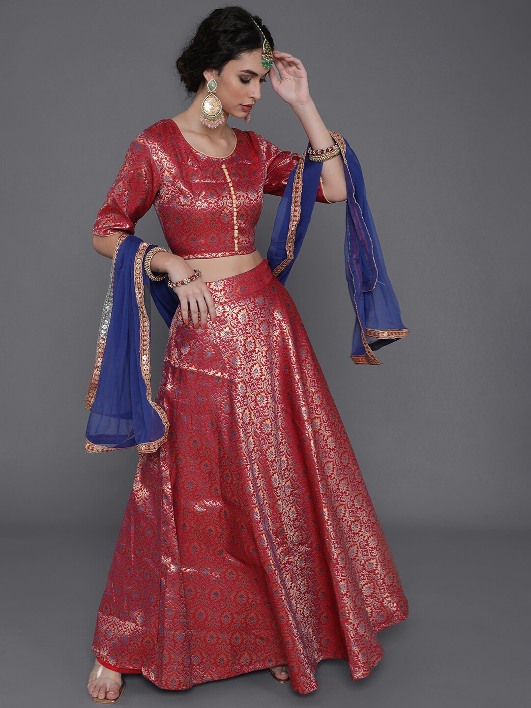 

saubhagya Red & Blue Ready to Wear Lehenga & Blouse With Dupatta