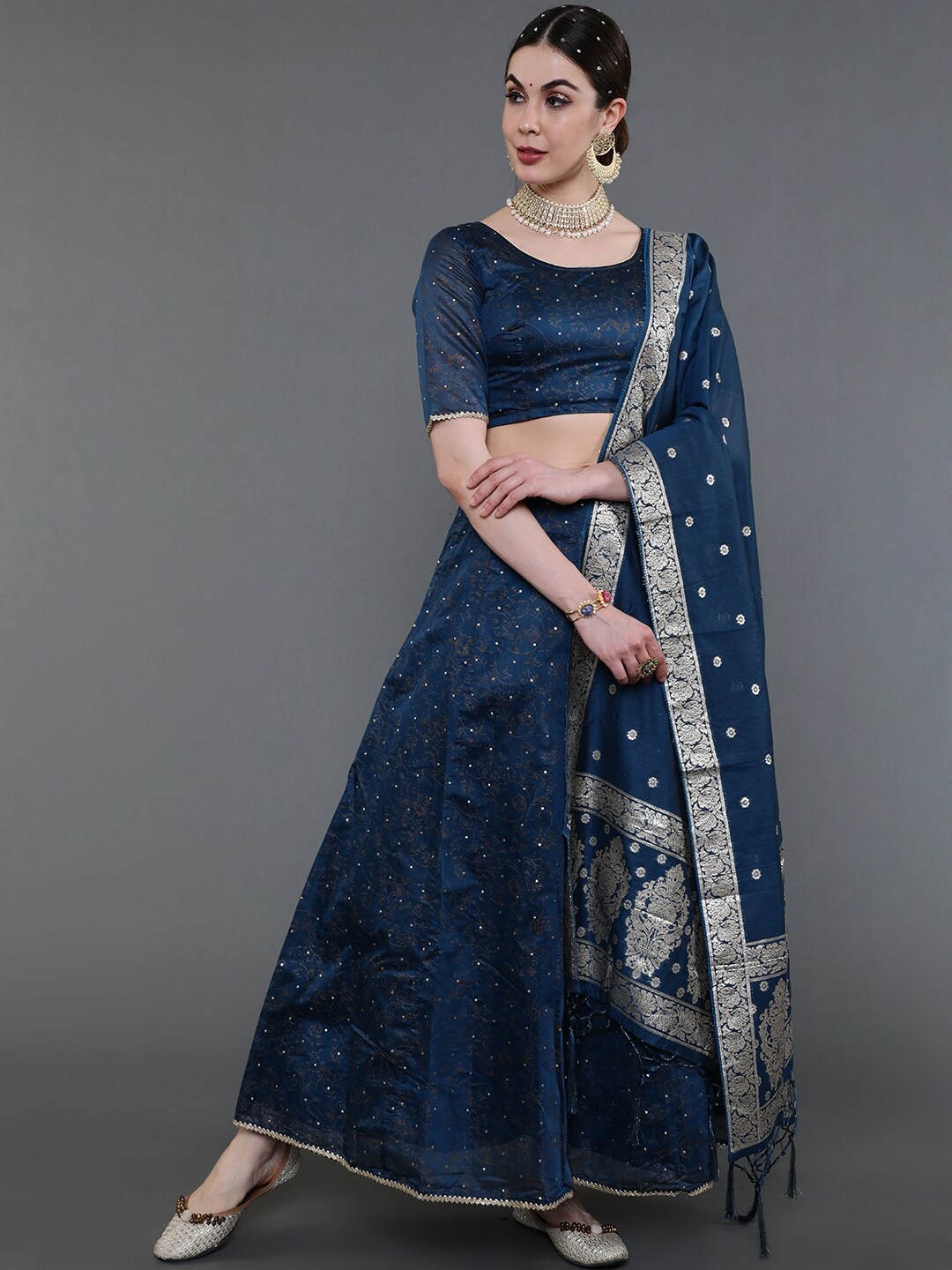 

saubhagya Blue & Silver Woven Design Ready to Wear Lehenga Choli With Dupatta