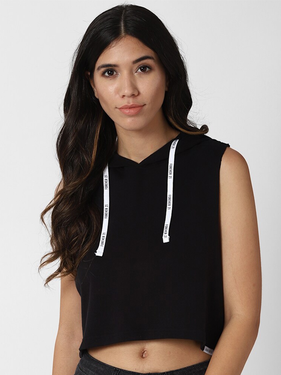 

FOREVER 21 Black Mandarin Collar Crop Top