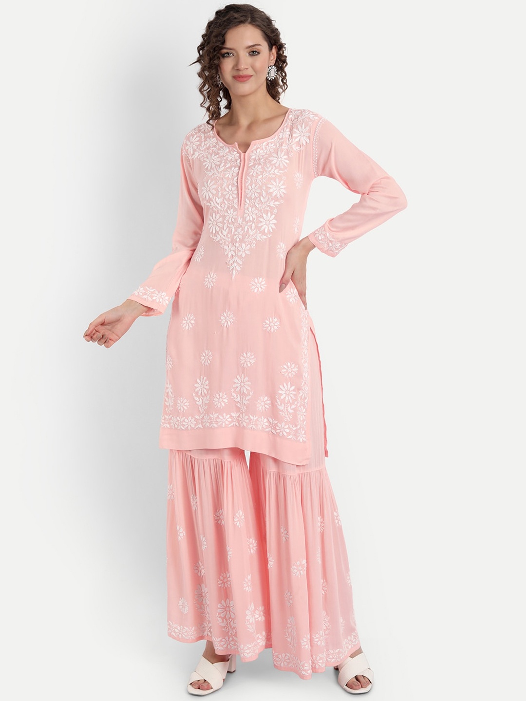 

Indiankala4u Women Peach-Coloured Chikankari Embroidered Modal Cotton Kurta Sharara Set
