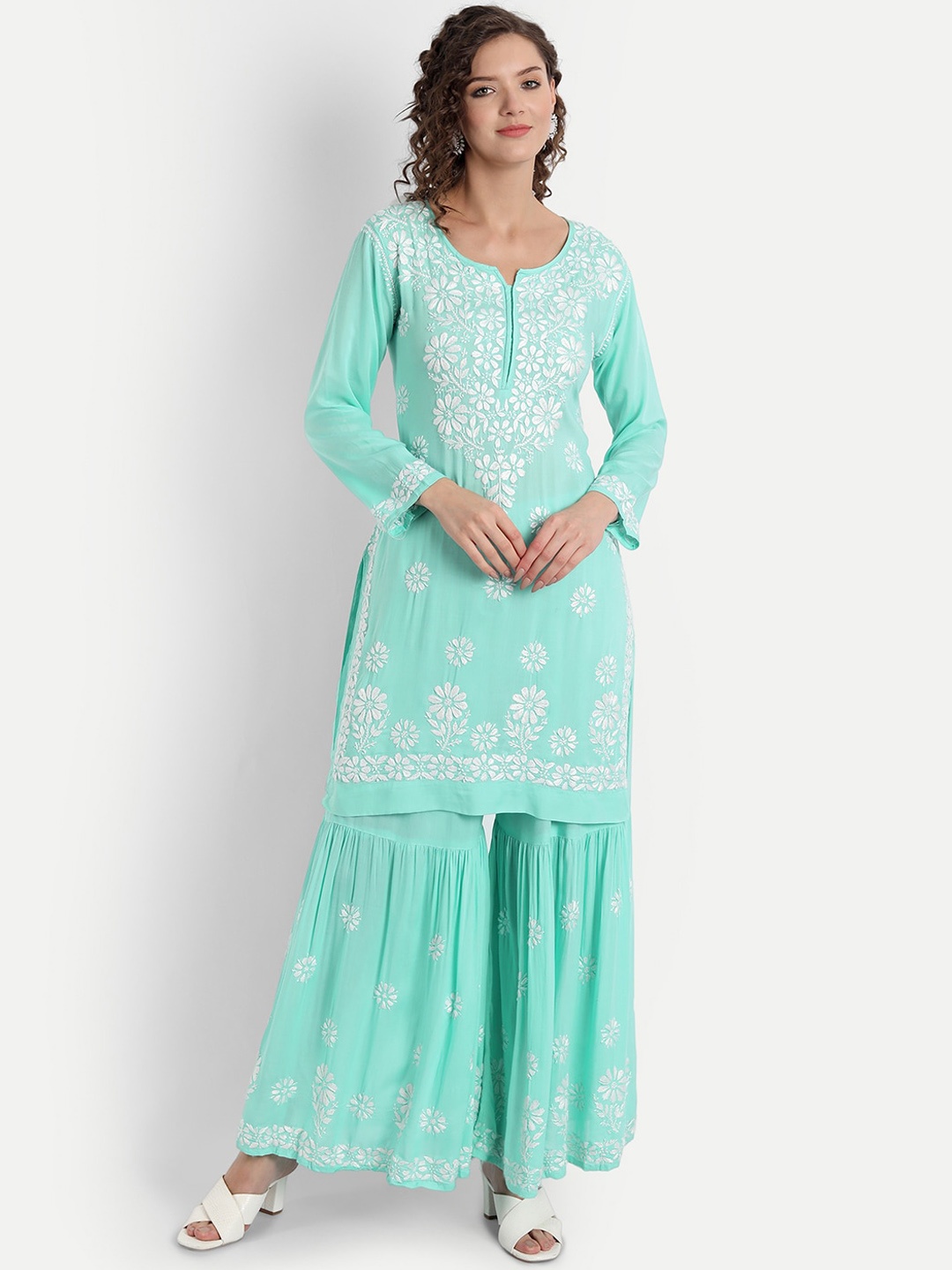 

Indiankala4u Women Sea Green Chikankari Embroidered Modal Cotton Kurta Sharara Set