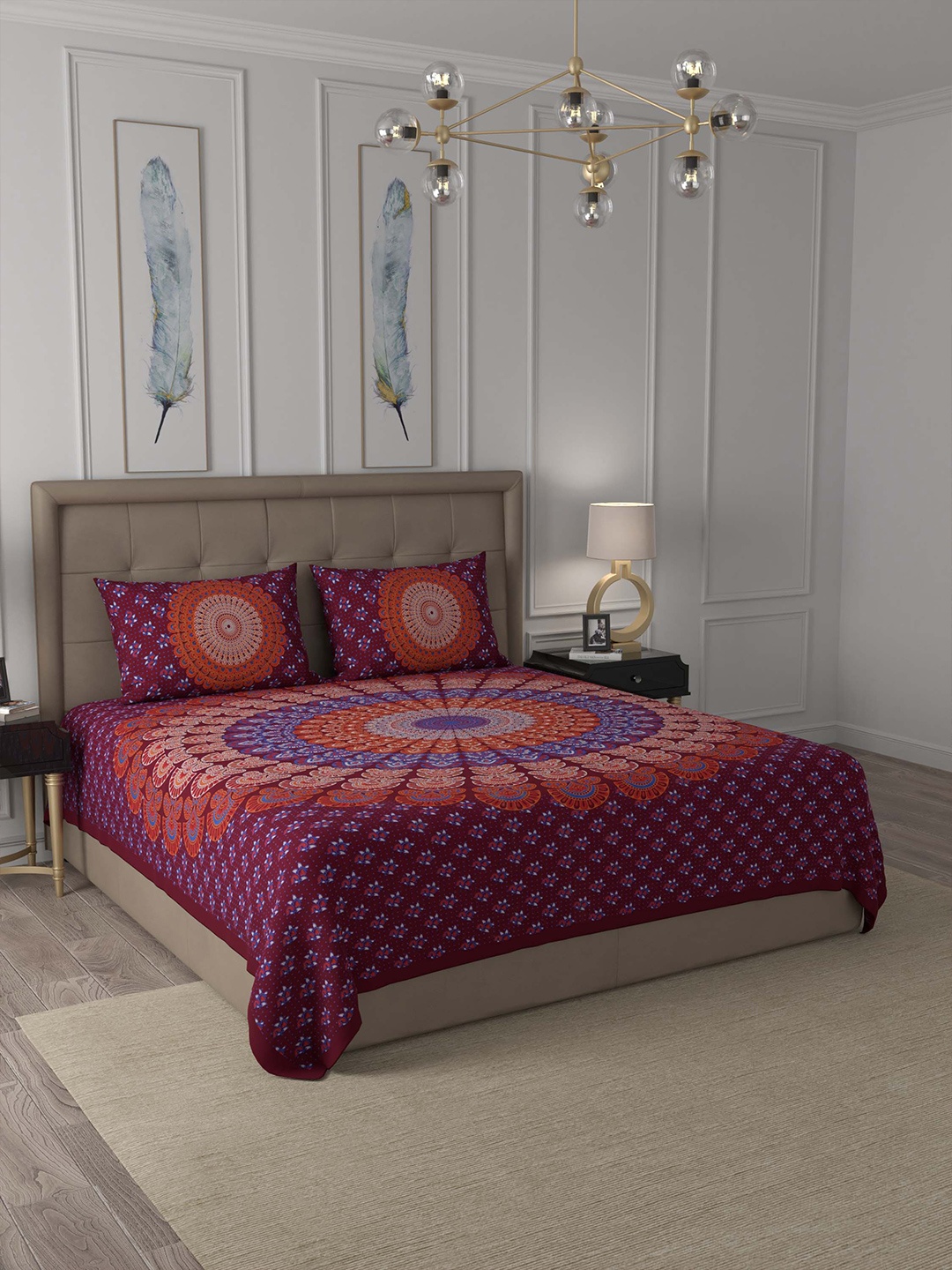 

JAIPUR FABRIC Maroon Ethnic Motifs 180 TC Queen Bedsheet with 2 Pillow Covers