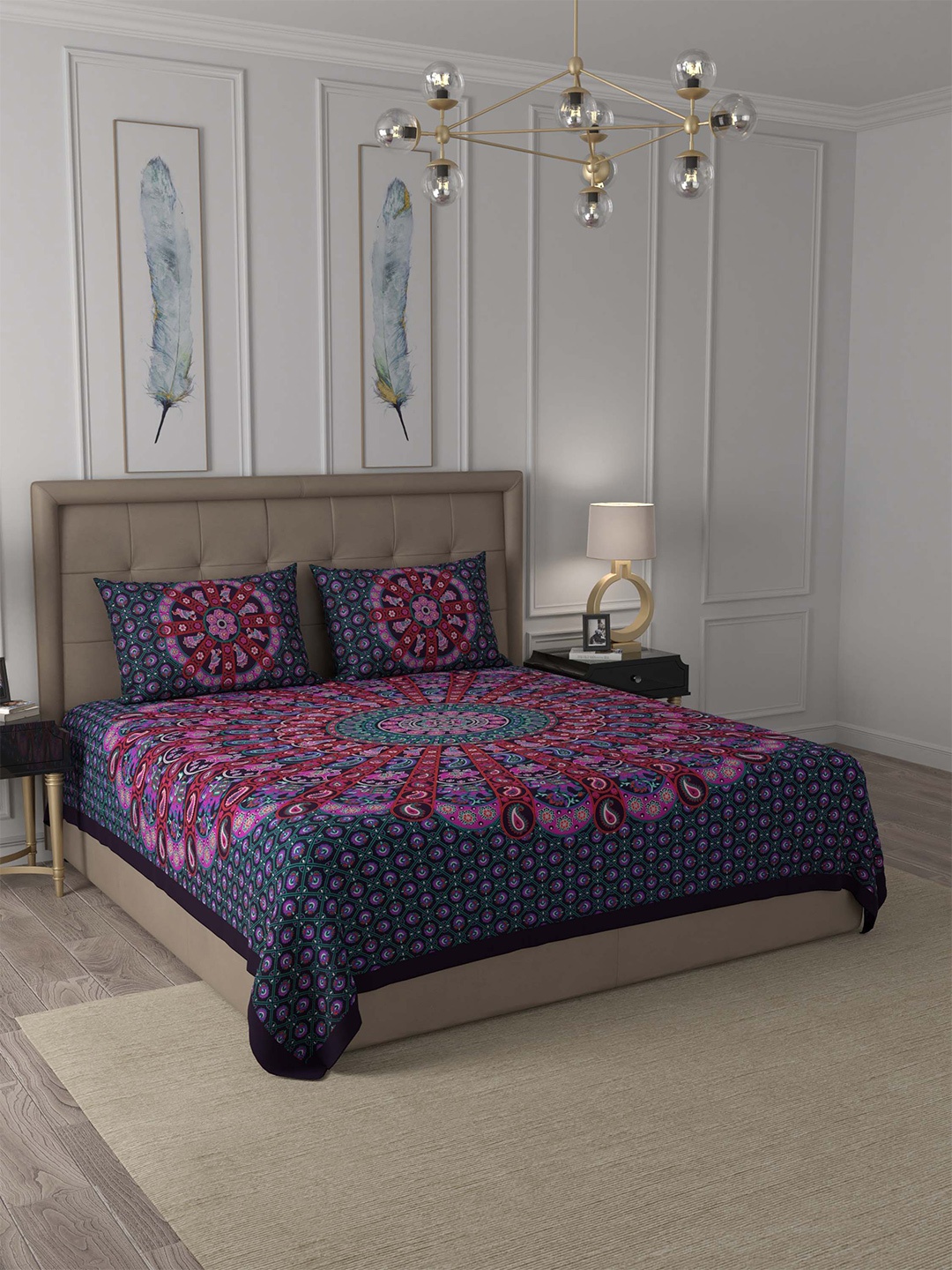 

JAIPUR FABRIC Green & Violet Paisley 180 TC Cotton Queen Bedsheet with 2 Pillow Covers