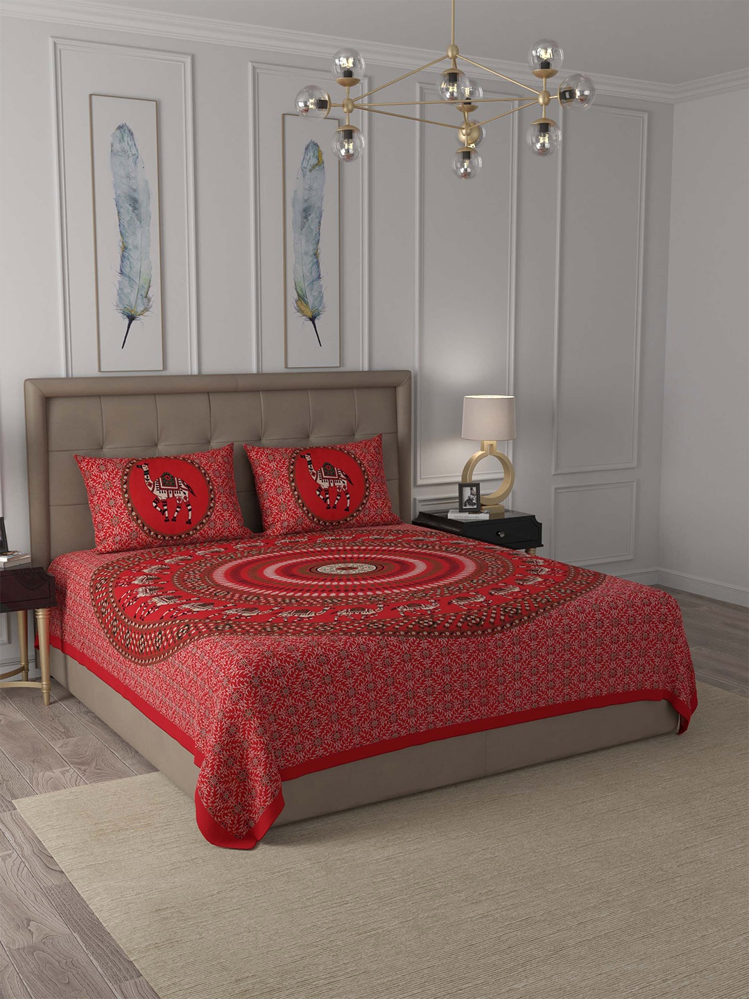 

JAIPUR FABRIC Red & Black Ethnic Motifs 180 TC Queen Bedsheet with 2 Pillow Covers