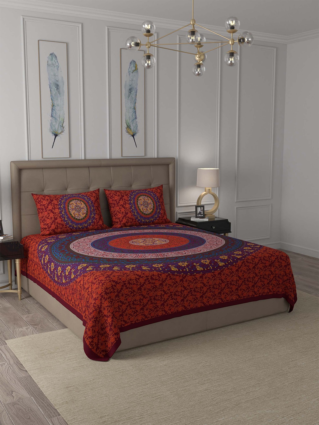 

JAIPUR FABRIC Maroon & Blue 180 TC Queen Floral Cotton Bedsheet with 2 Pillow Covers