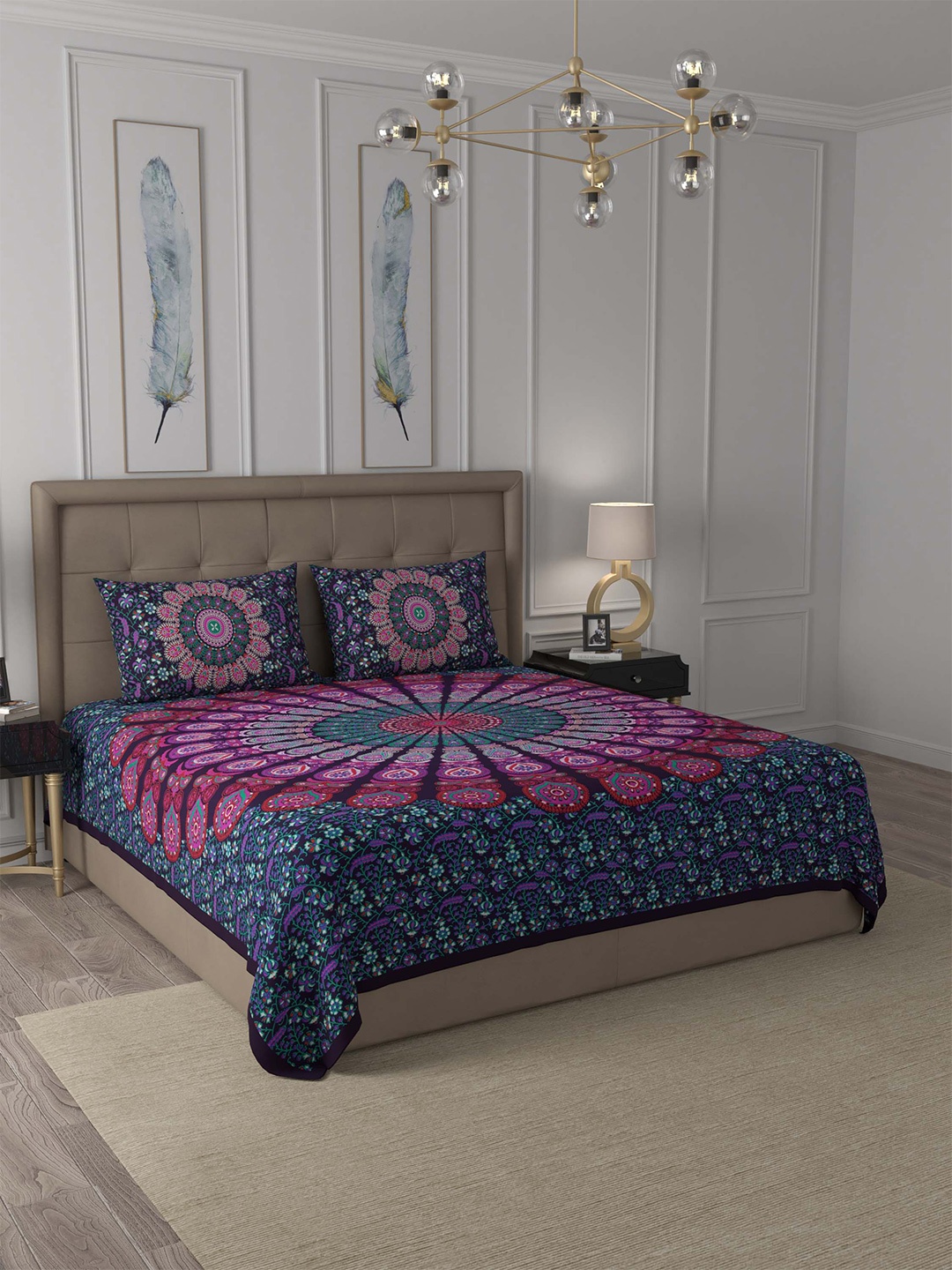 

JAIPUR FABRIC Violet & Blue Ethnic Motifs 180 TC Queen Bedsheet with 2 Pillow Covers