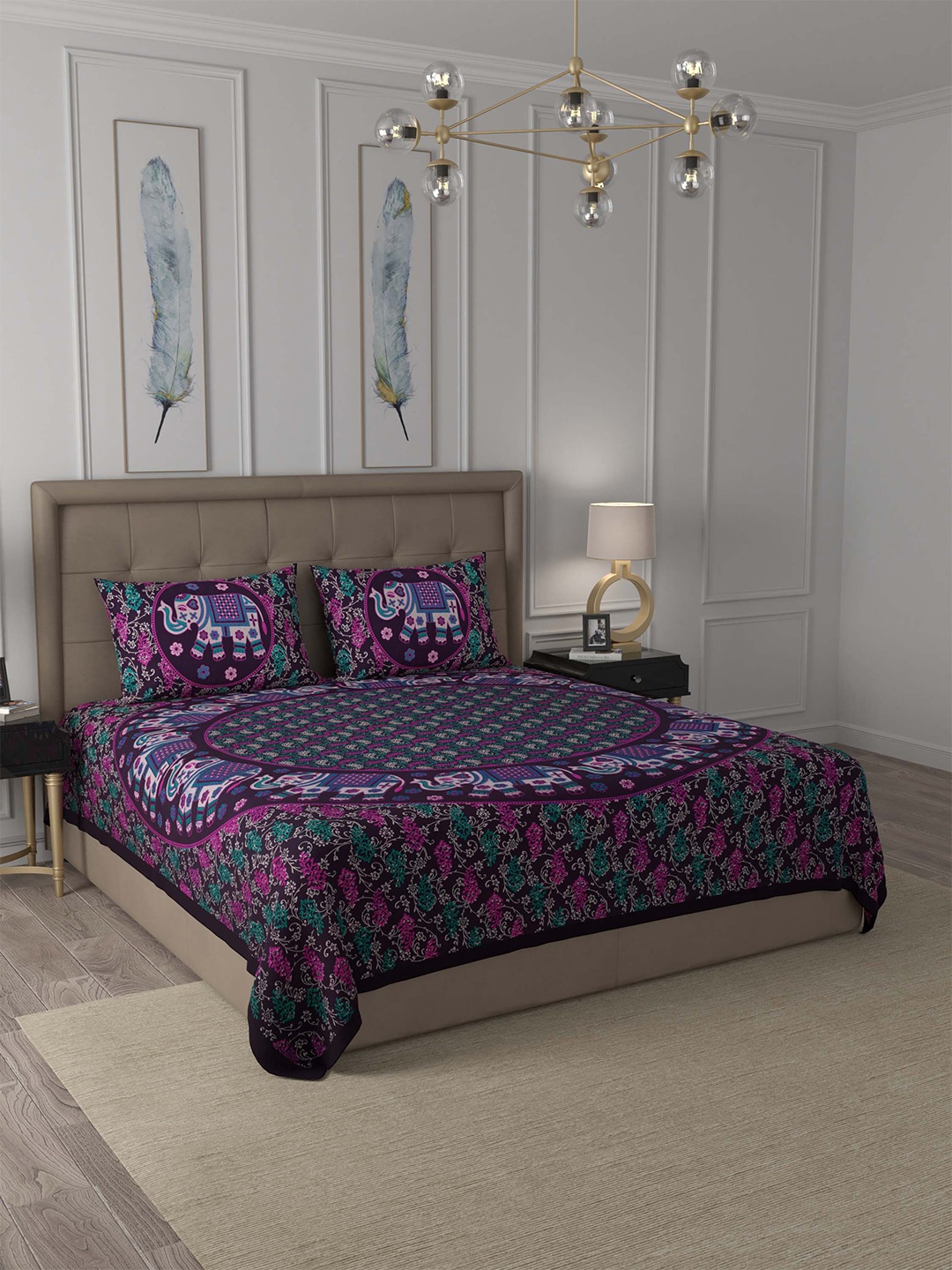 

JAIPUR FABRIC Violet & Blue 180 TC Cotton Queen Bedsheet with 2 Pillow Covers