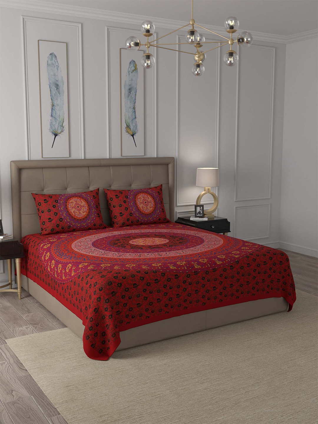 

JAIPUR FABRIC Red & Blue Ethnic Motifs 180 TC Queen Bedsheet with 2 Pillow Covers