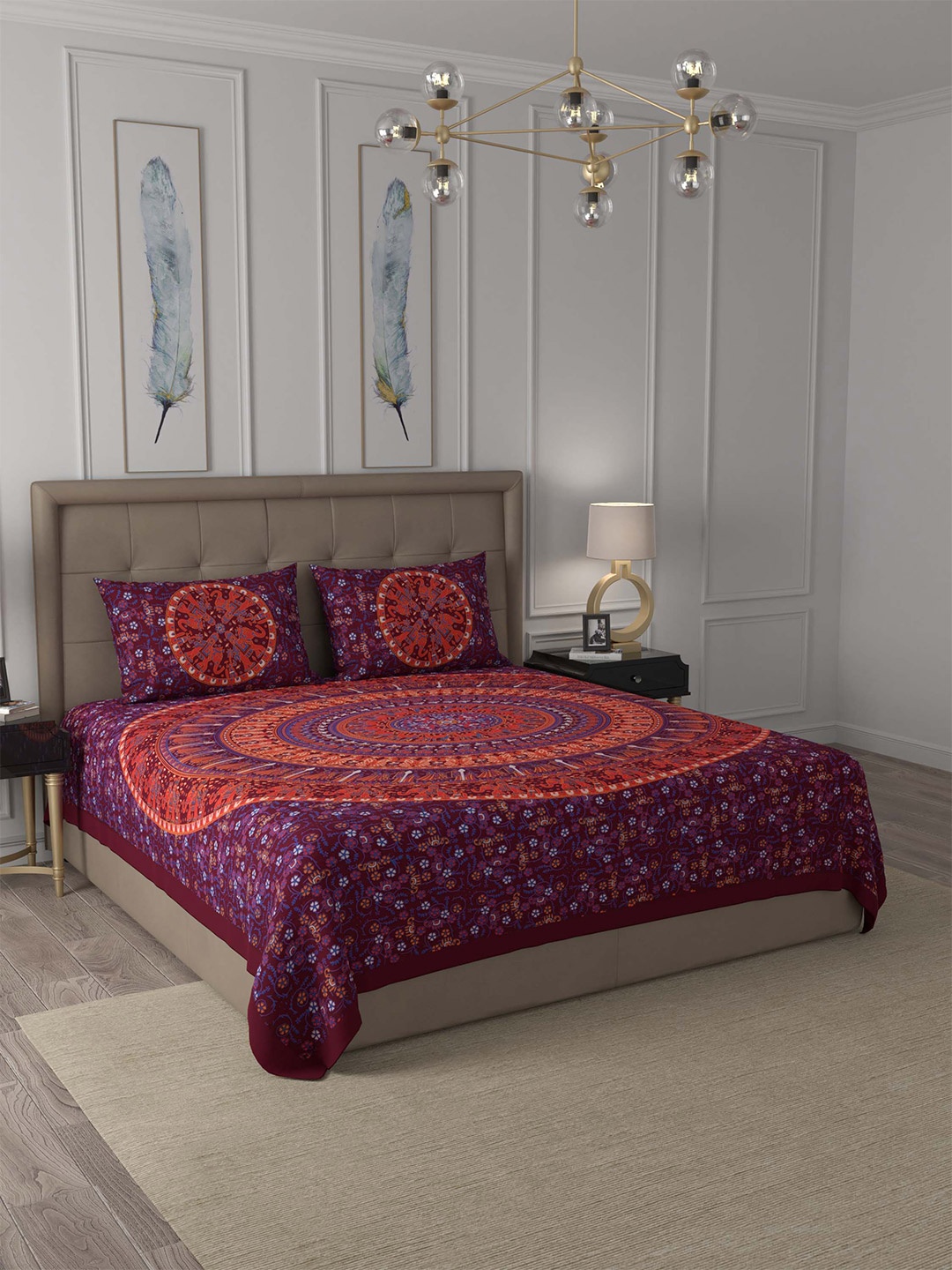 

JAIPUR FABRIC Maroon & Orange Ethnic Motifs 180 TC Queen Bedsheet with 2 Pillow Covers