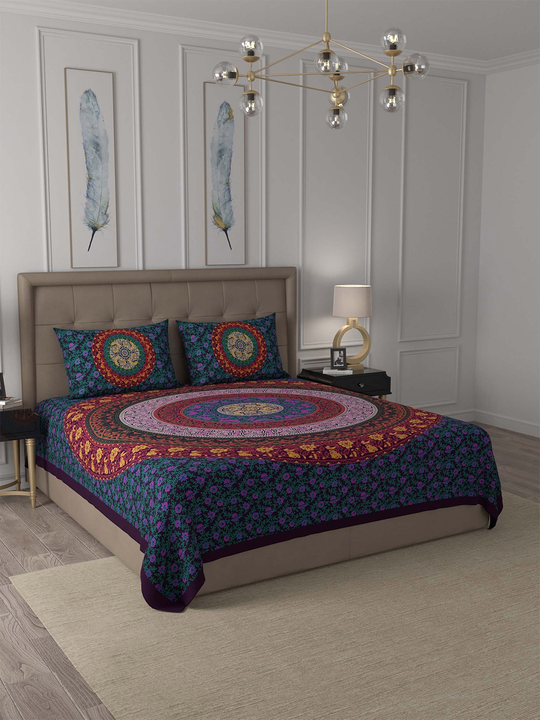 

JAIPUR FABRIC Violet & Multicoloured Ethnic Motifs 180 TC Queen Bedsheet with 2 Pillow Covers