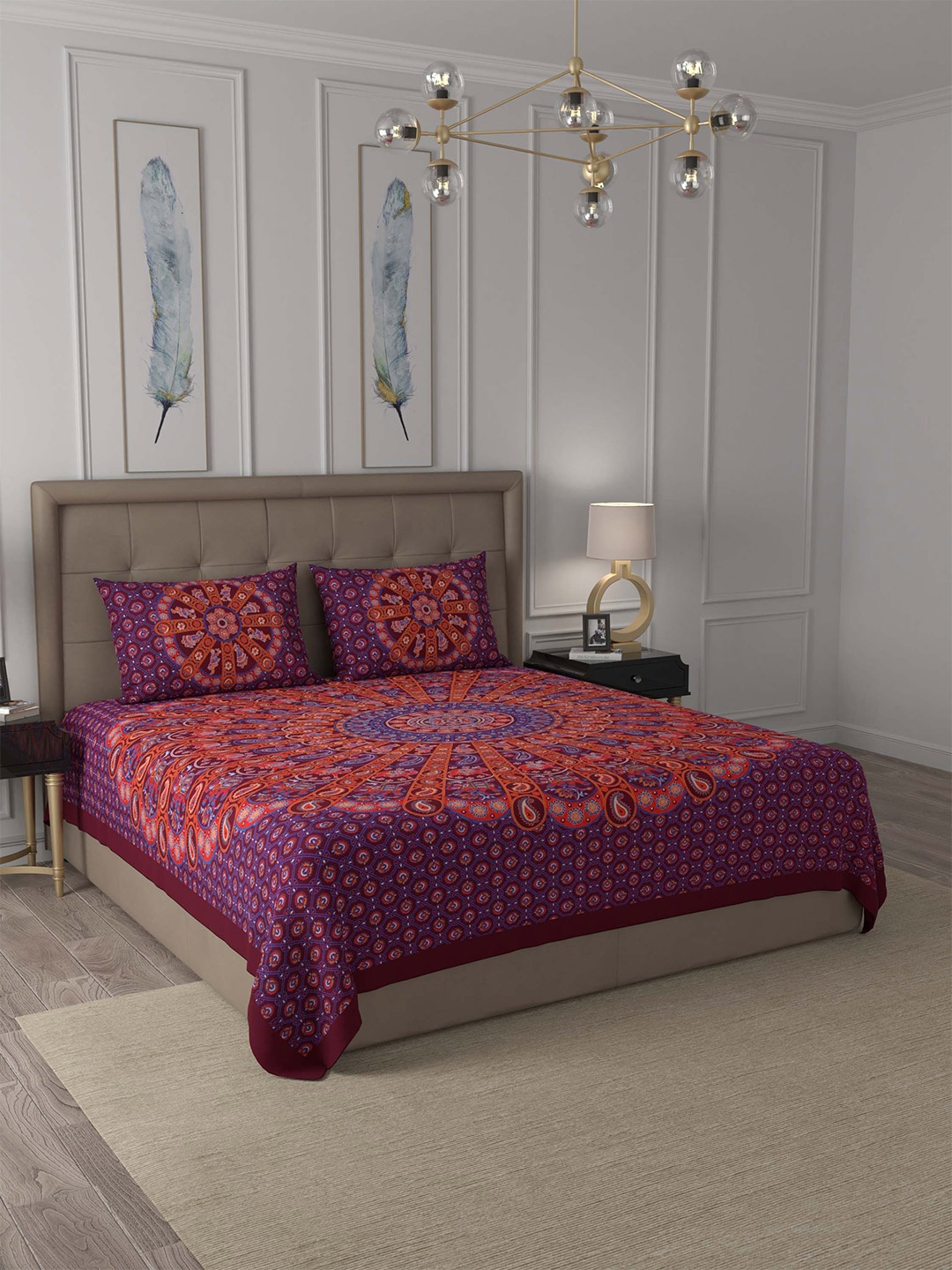 

JAIPUR FABRIC Maroon & Blue Ethnic Motifs 180 TC Queen Bedsheet with 2 Pillow Covers