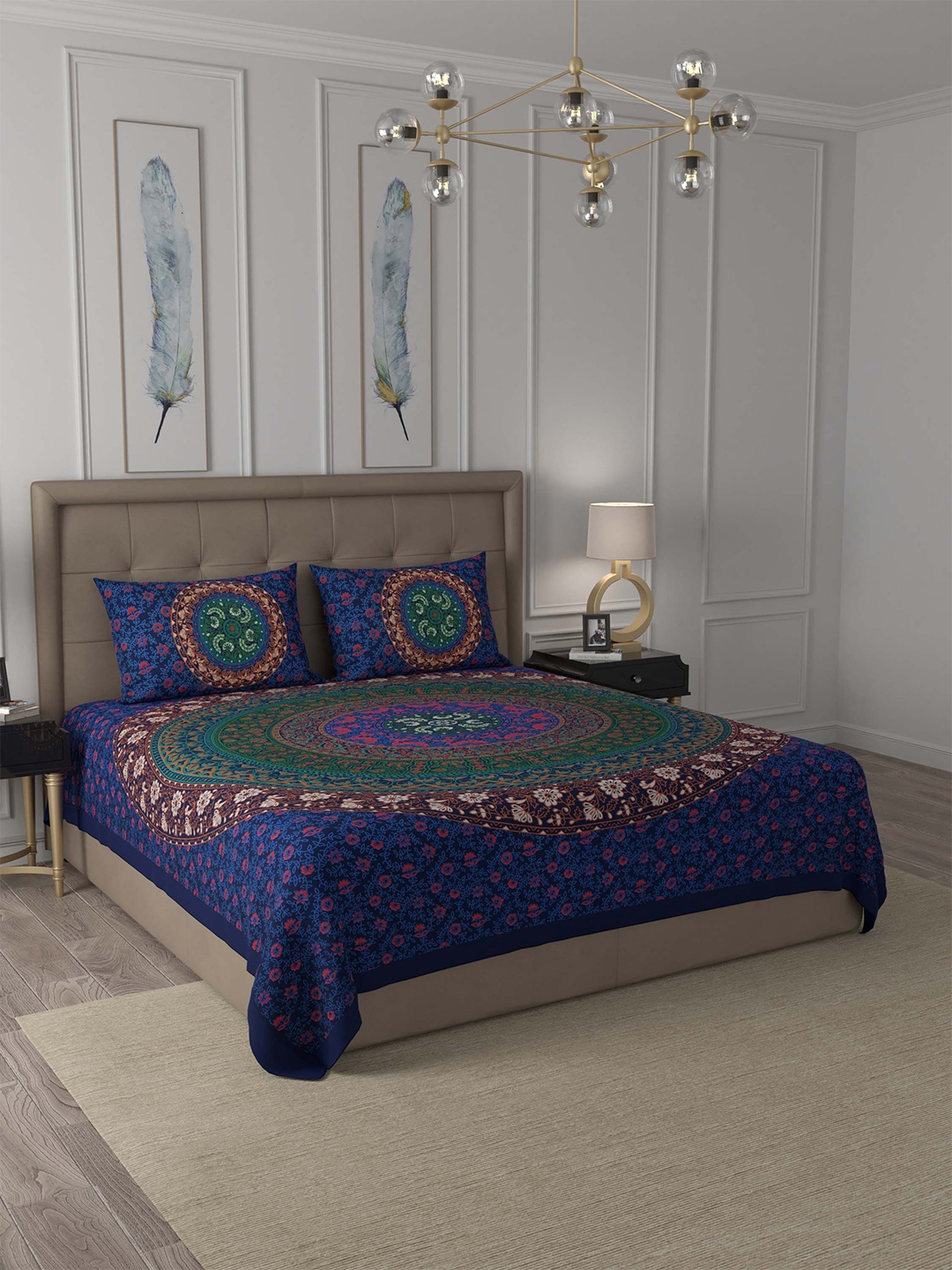 

JAIPUR FABRIC Blue & Green Ethnic Motifs 180 TC Queen Bedsheet with 2 Pillow Covers
