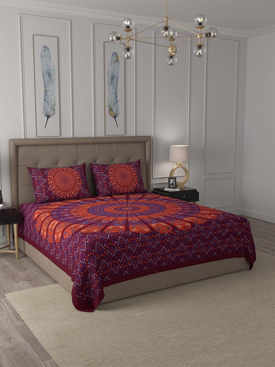 

JAIPUR FABRIC Maroon & Blue Motifs 180 TC Cotton Queen Bedsheet with 2 Pillow Covers