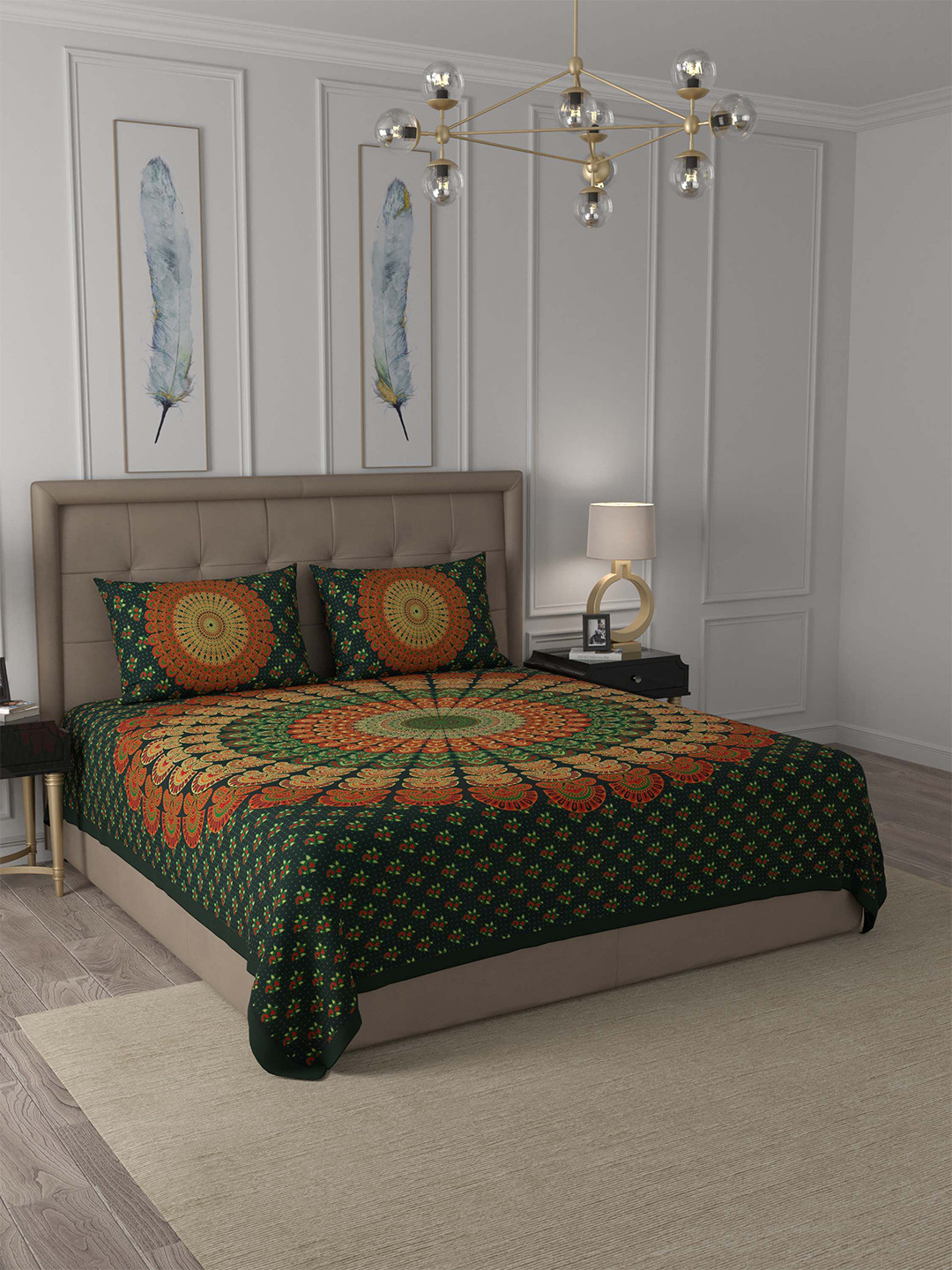

JAIPUR FABRIC Green & Multicoloured Ethnic Motifs 180 TC Queen Bedsheet with 2 Pillow Covers