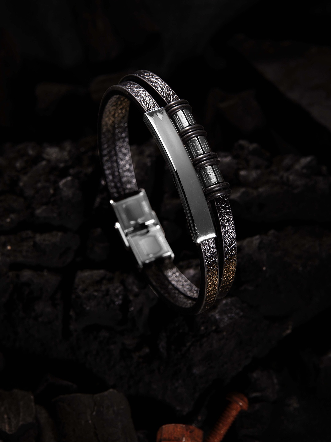 

Roadster Men Black & Silver-Toned Multistrand Leather Bracelet