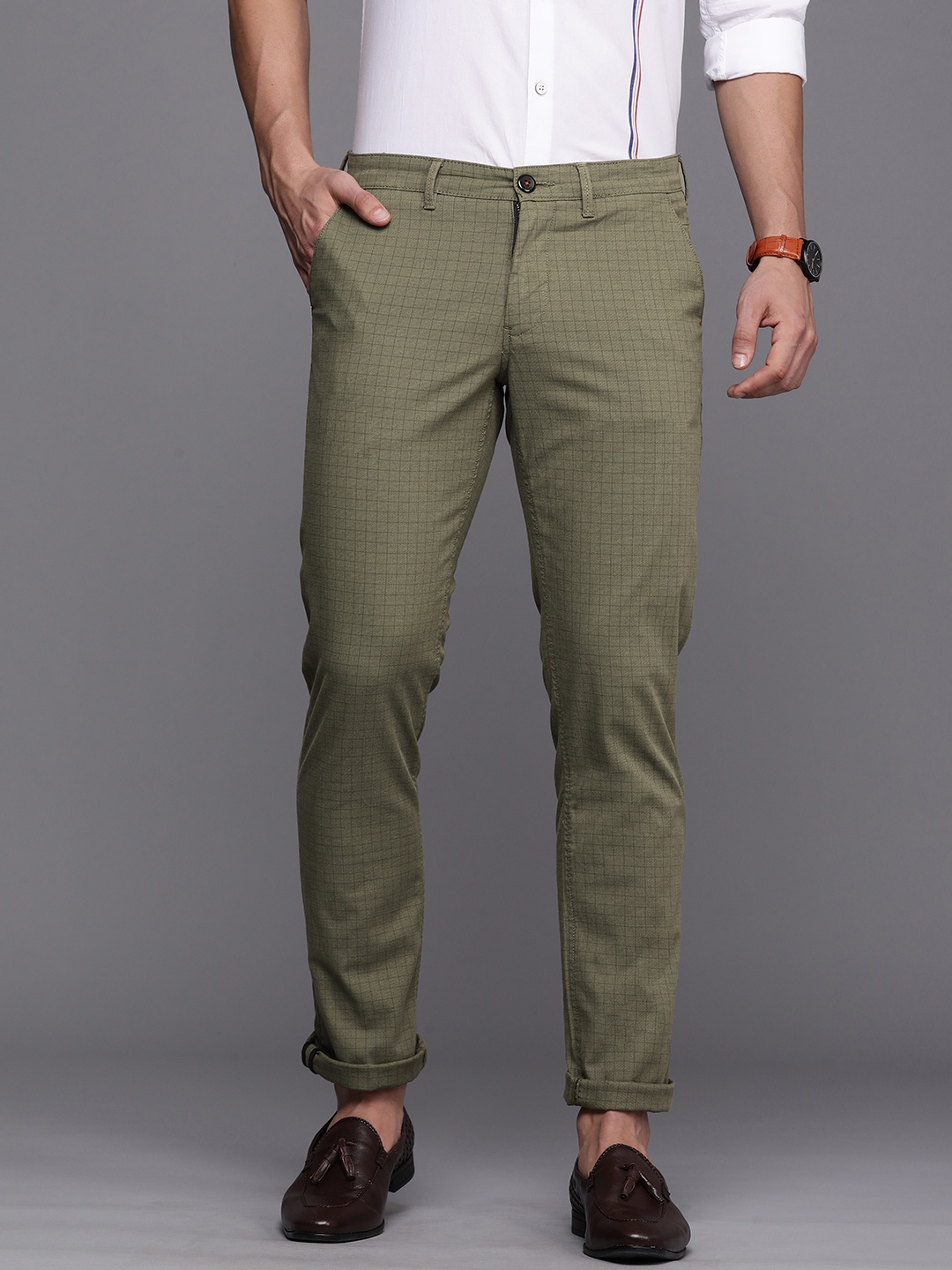 

Louis Philippe Sport Men Slim Fit Olive Green Checked Trousers