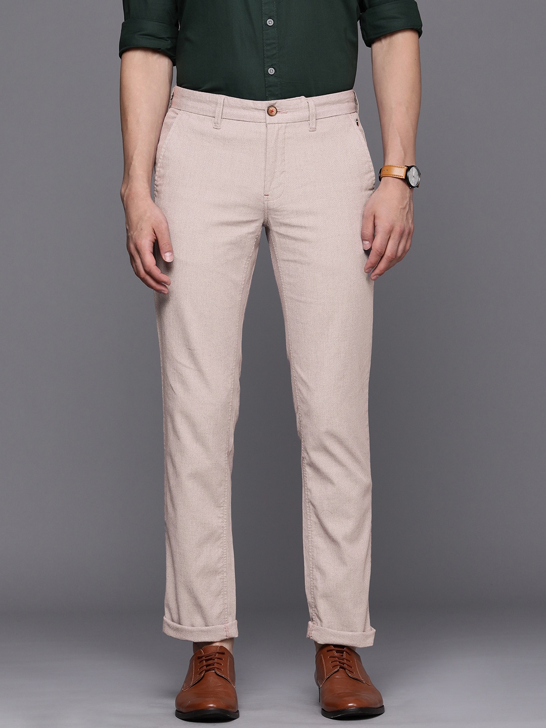 

Louis Philippe Sport Men Off-White Textured Slim Fit Trousers