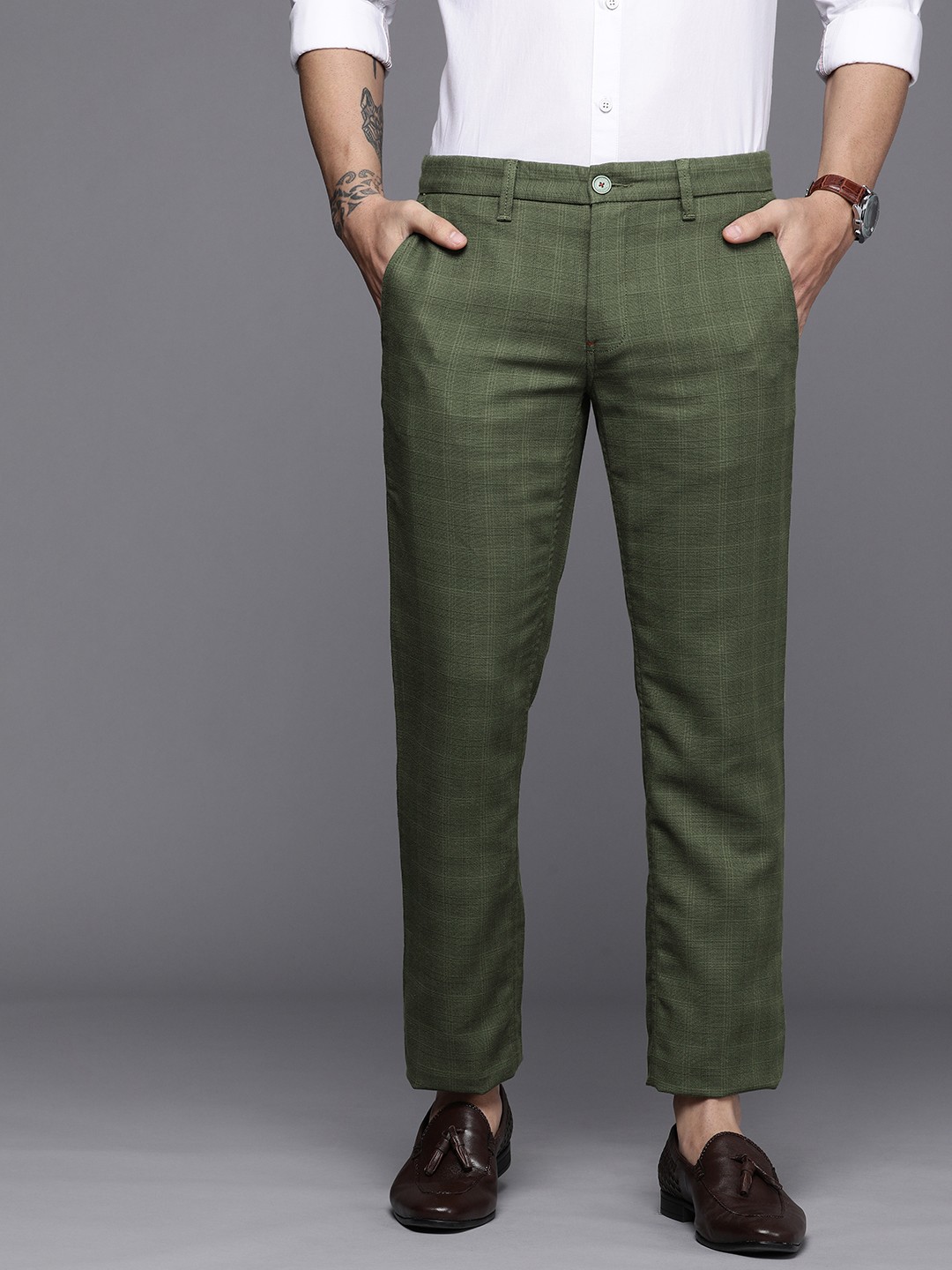 

Louis Philippe Sport Men Olive Green Checked Slim Fit Regular Trousers