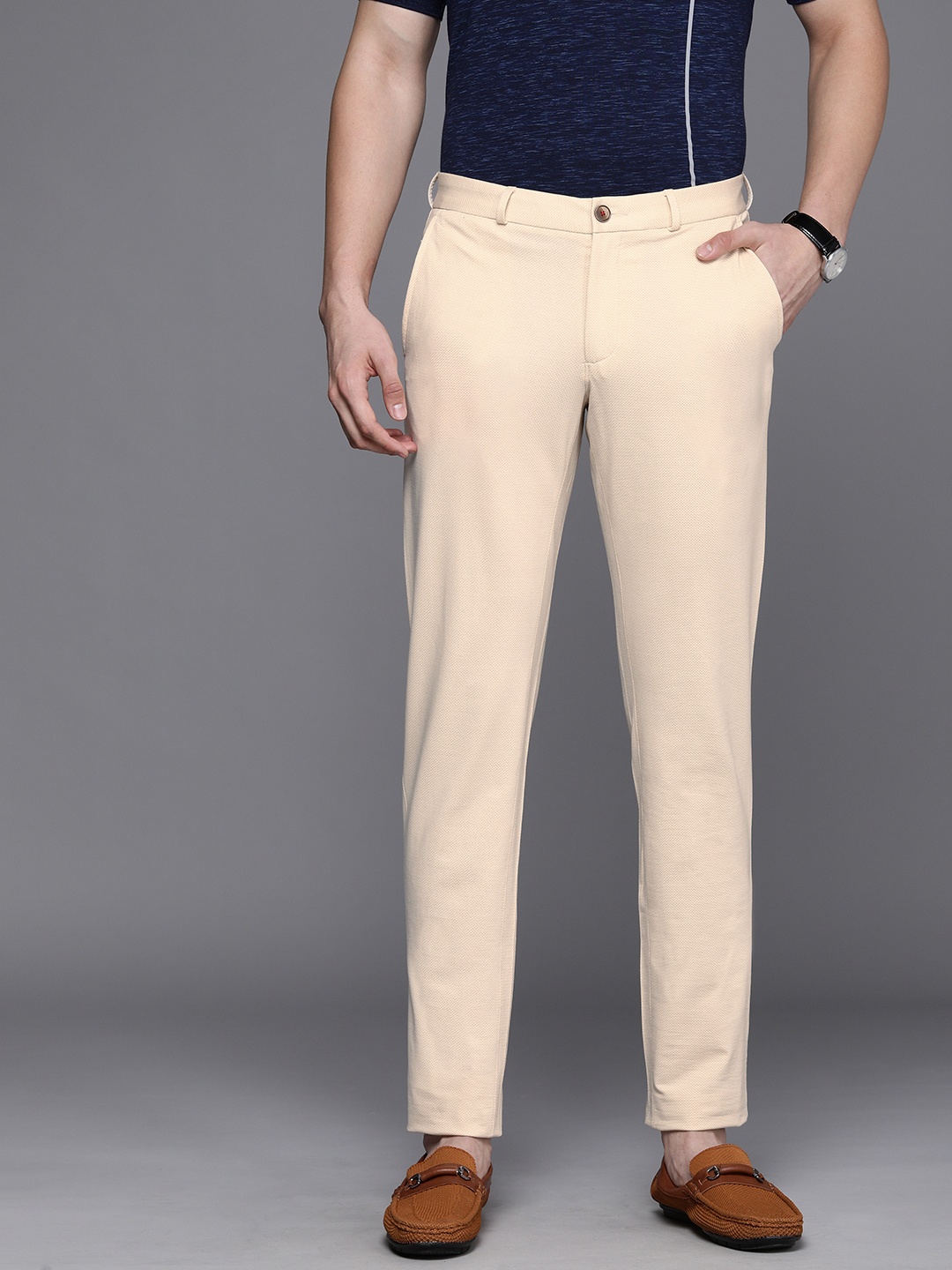 

Louis Philippe Sport Men Beige Textured Slim Fit Low-Rise Chinos Trousers