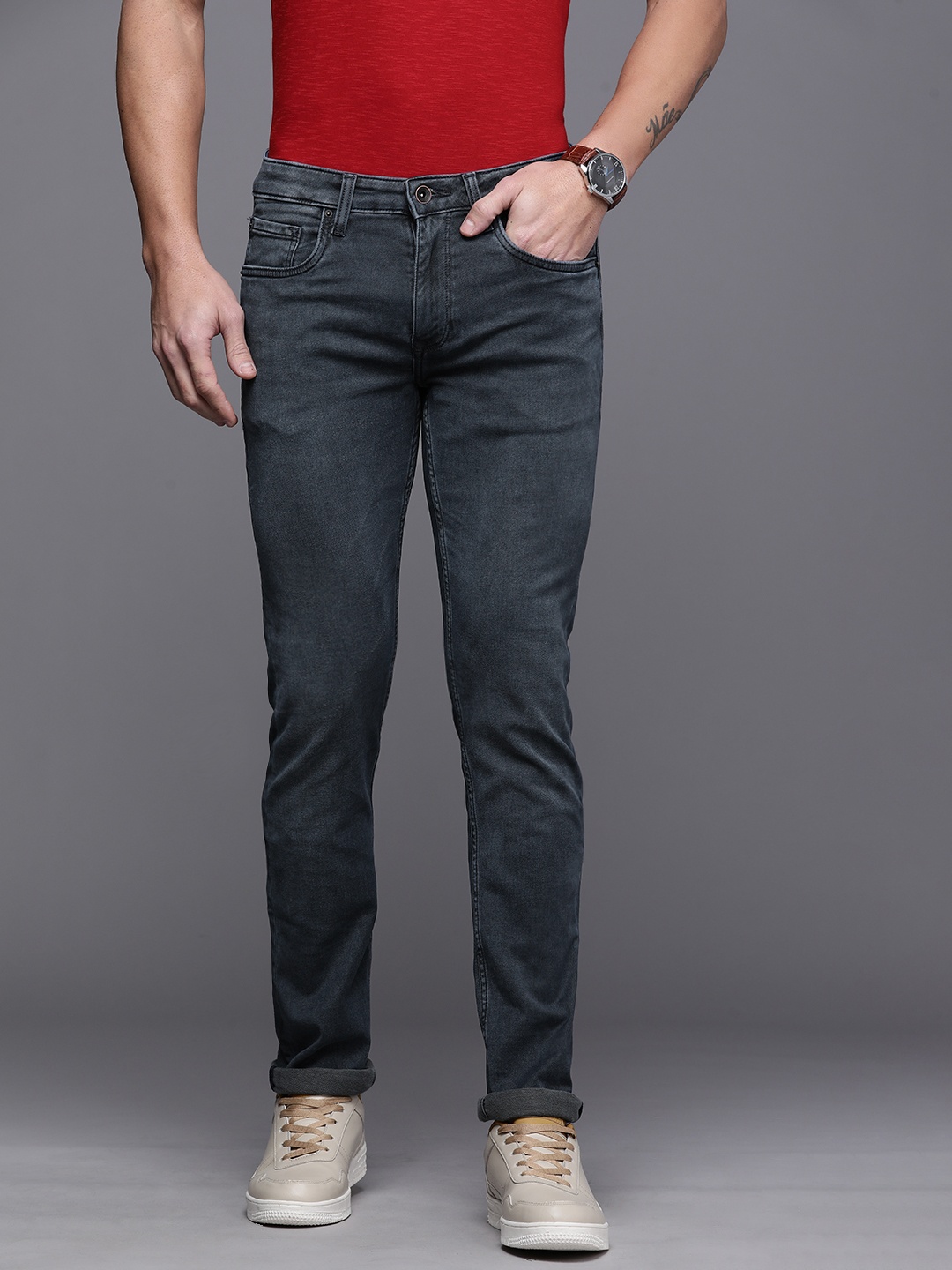 

Louis Philippe Jeans Men Navy Blue Low-Rise Light Fade Stretchable Slim Fit Casual Jeans