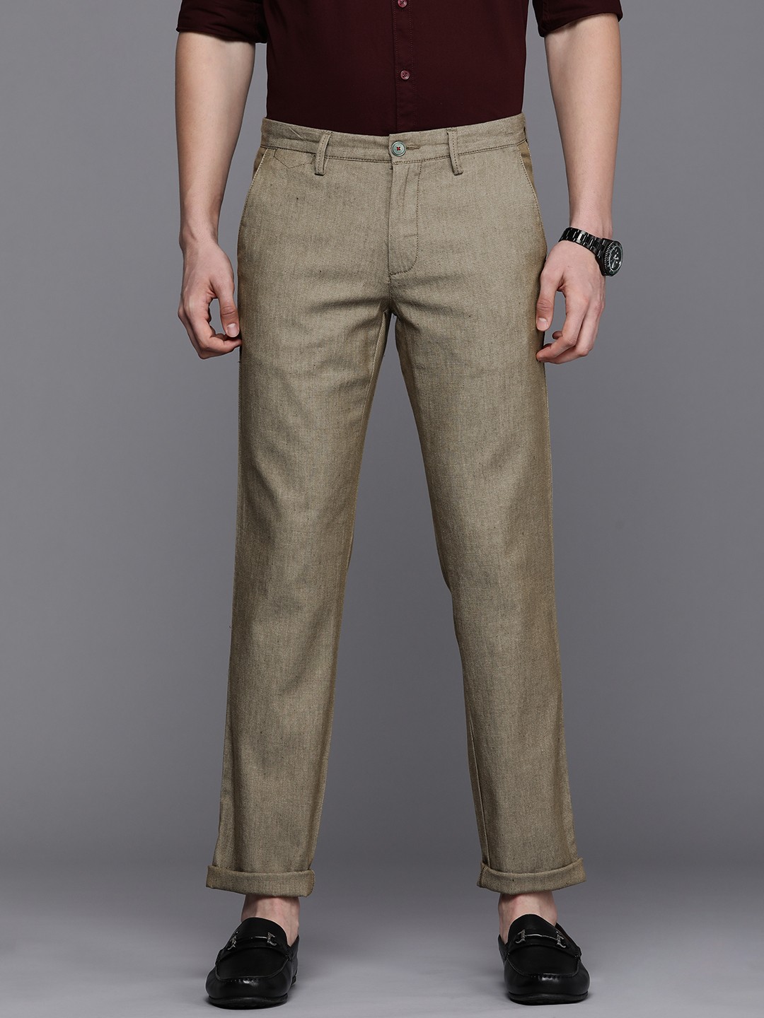 

Louis Philippe Sport Men Olive Green Textured Slim Fit Trousers