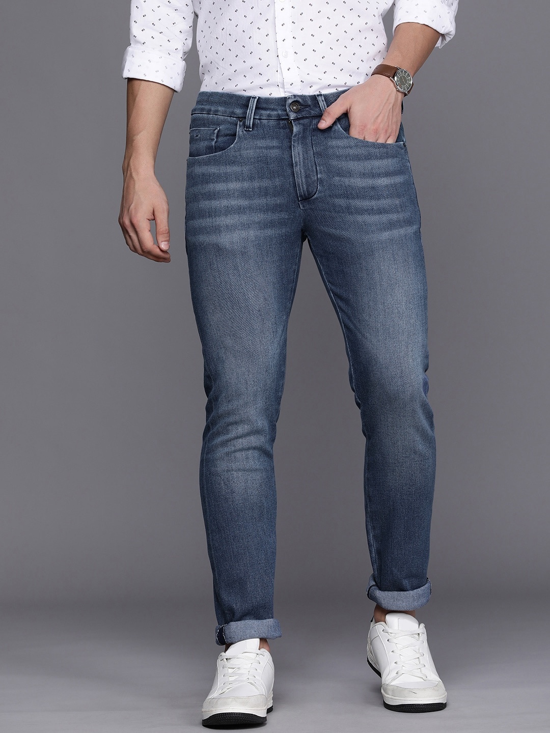 

Louis Philippe Jeans Men Navy Blue Slim Fit Low-Rise Light Fade Stretchable Jeans