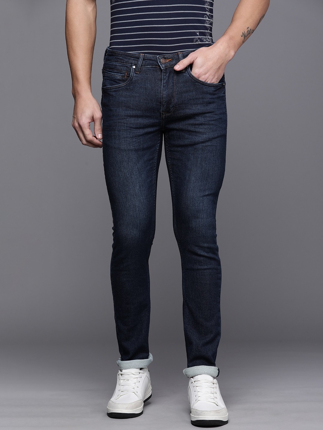 

Louis Philippe Jeans Men Navy Blue Slim Fit Low-Rise Light Fade Stretchable Jeans
