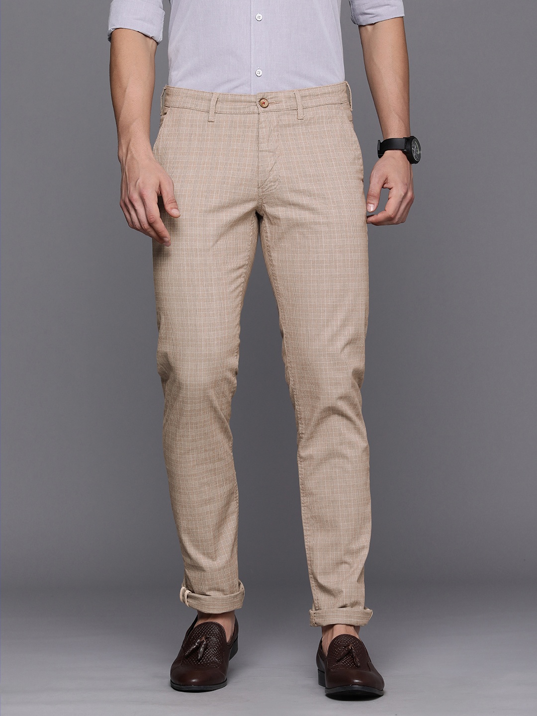 

Louis Philippe Sport Men Beige Checked Slim Fit Trousers