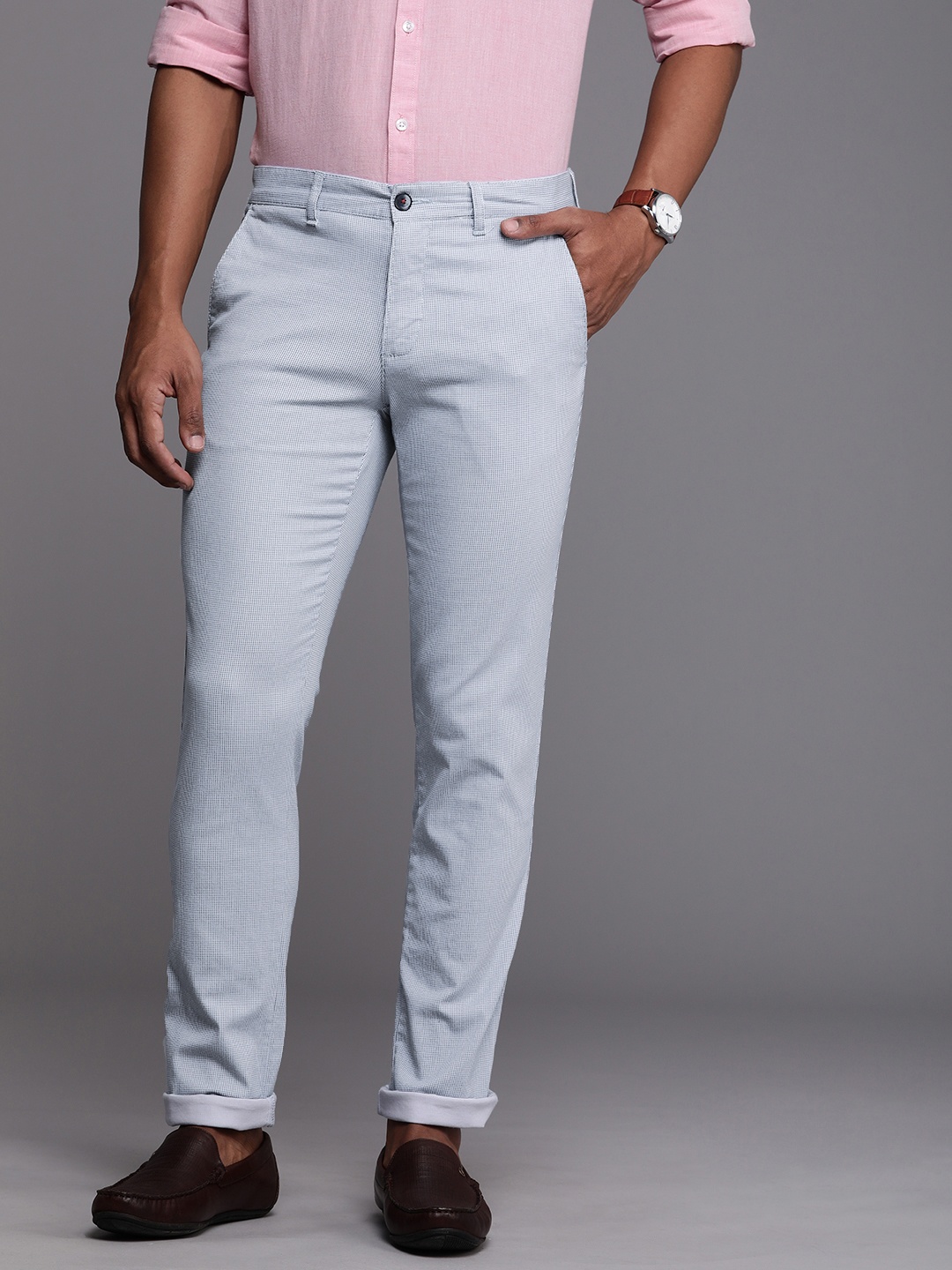 

Louis Philippe Sport Men Grey & Blue Printed Slim Fit Trousers