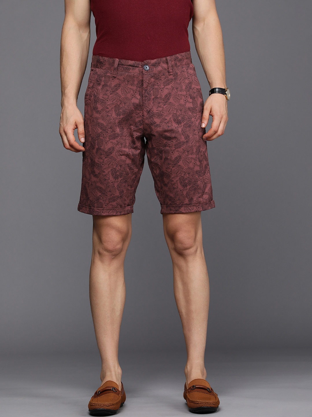 

Louis Philippe Sport Men Maroon Floral Printed Slim Fit Low-Rise Chino Shorts