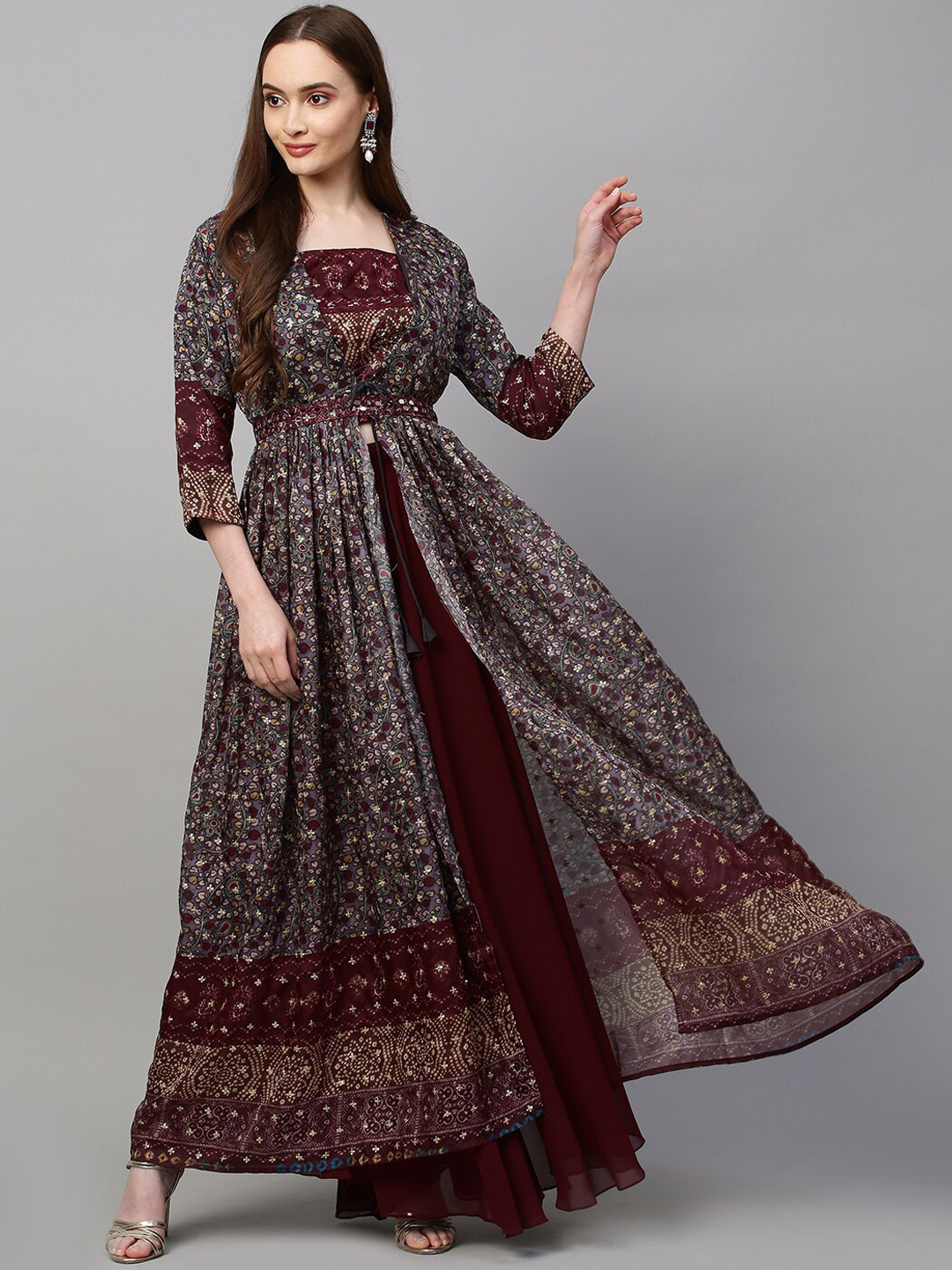 

FASHOR Women Burgundy Floral Embroidered Layered Kurta with Skirt
