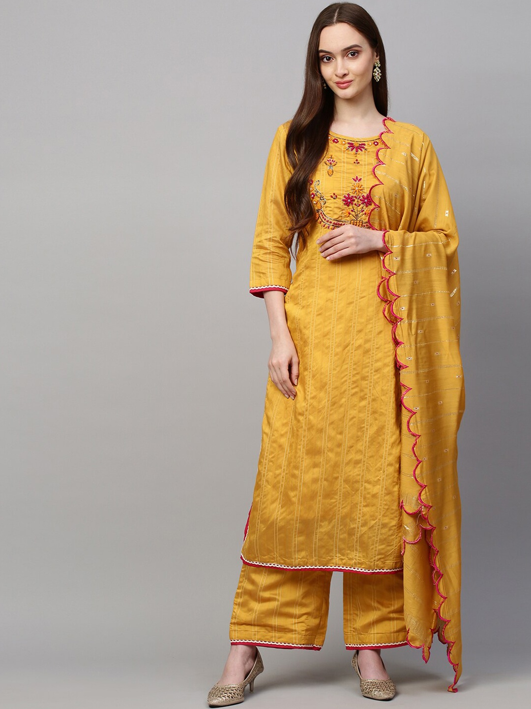 

FASHOR Women Deep Yellow Striped Chanderi Silk Kurti & Palazzos Semi Circle Border Dupatta