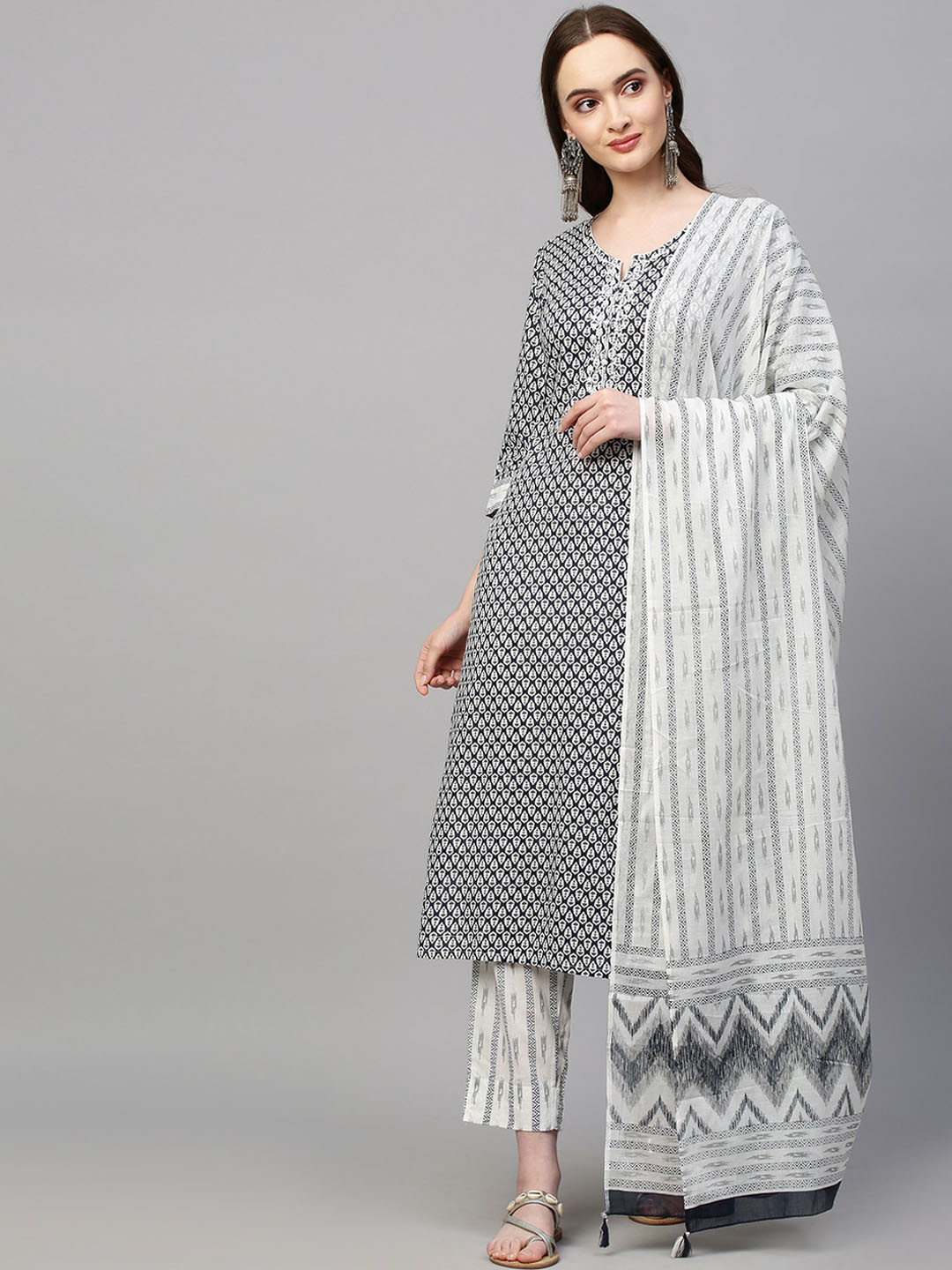 

FASHOR Women Navy Blue Ethnic Motifs Printed Pure Cotton Kurta with Trousers & With Dupatta