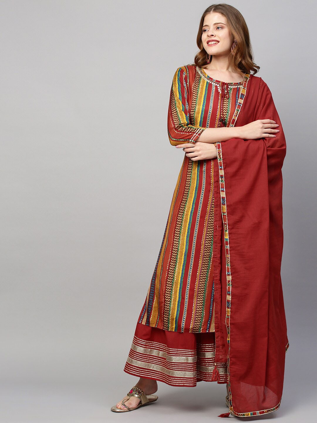 

FASHOR Women Red Embroidered High Slit Gotta Patti Kurta with sharara