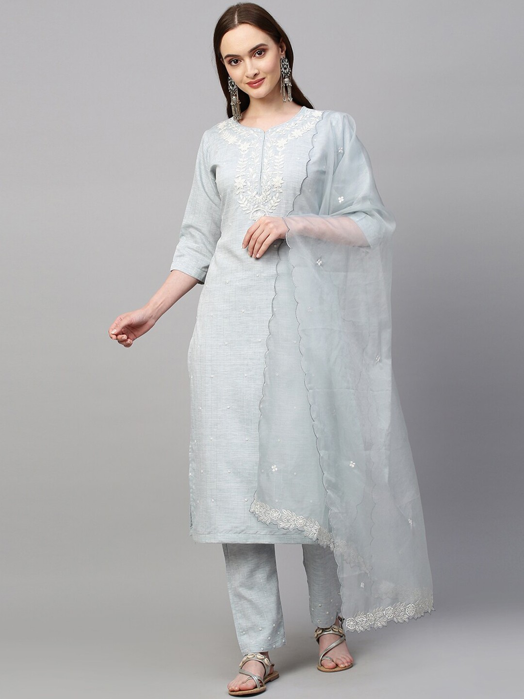 

FASHOR Women Blue Striped Angrakha Beads and Stones Kurta with Patiala