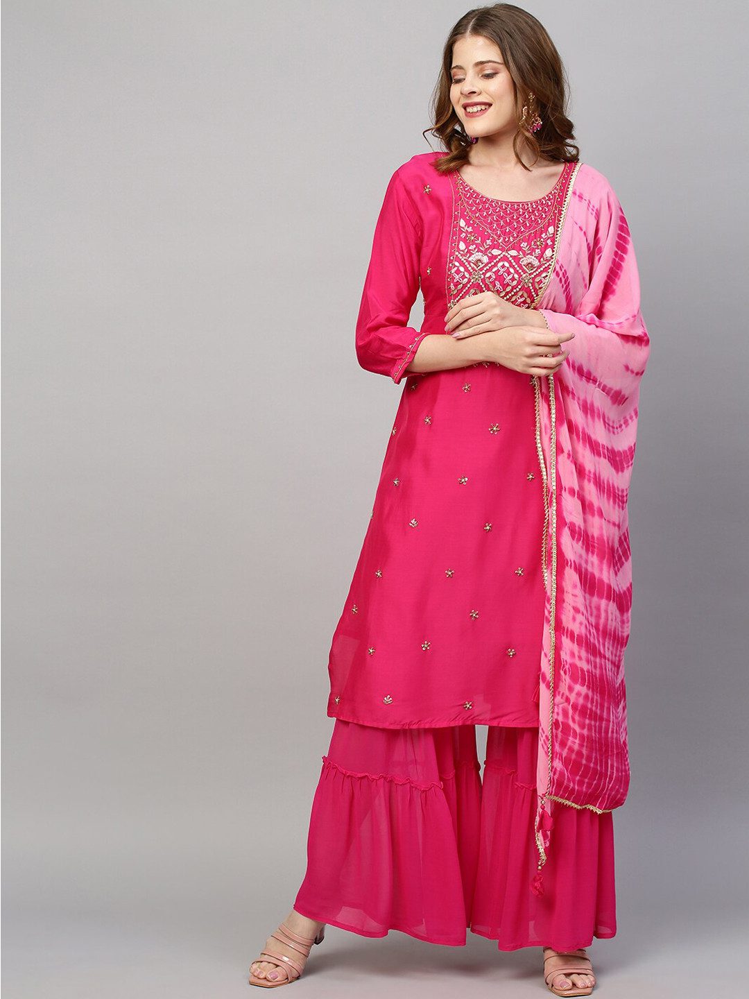 

FASHOR Women Pink Dyed Kurta with Sharara & With Dupatta