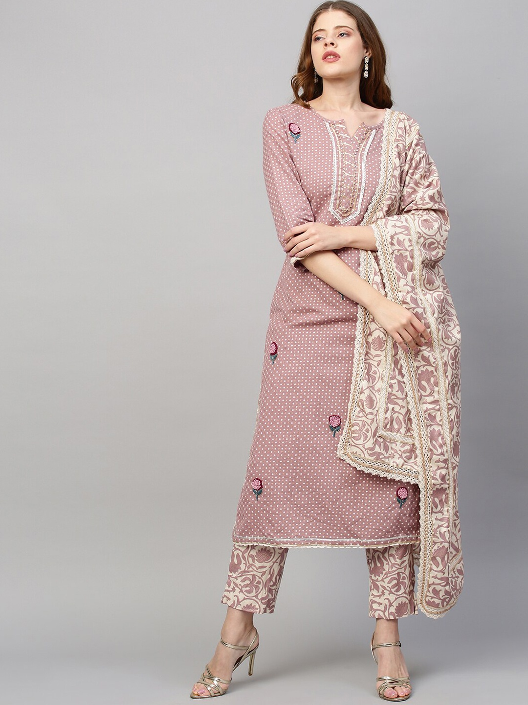 

FASHOR Women Rose Embroidered Gotta Patti Pure Cotton Kurti with Skirt & With Dupatta