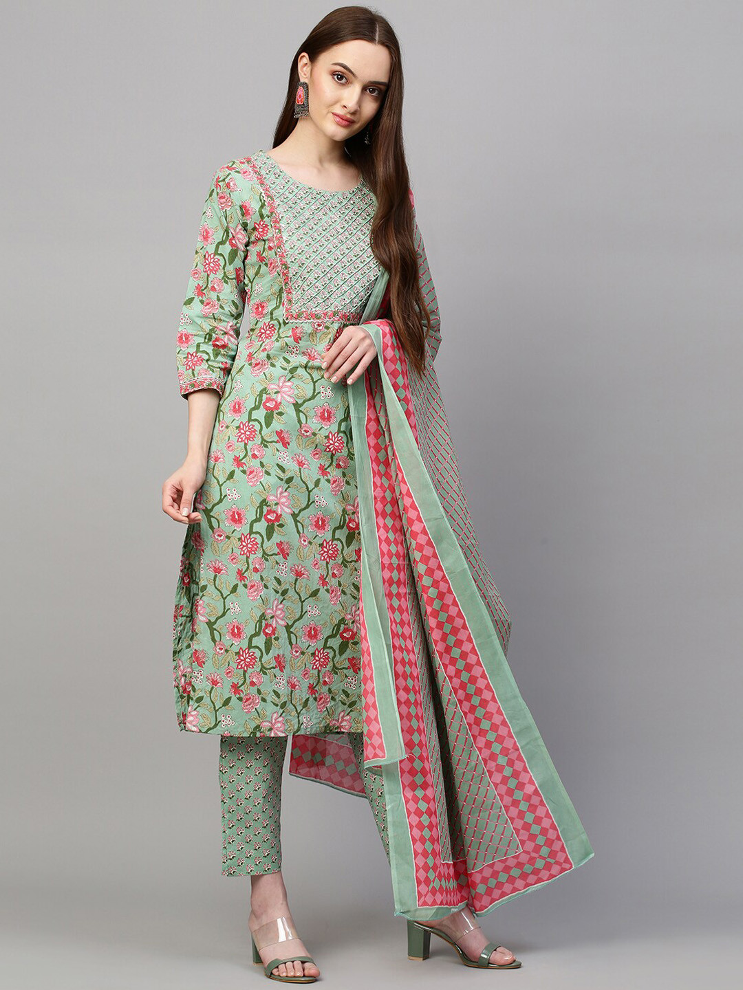 

FASHOR Women Green Printed Angrakha Sequinned Pure Cotton Top with Dhoti Pants & With Dupatta