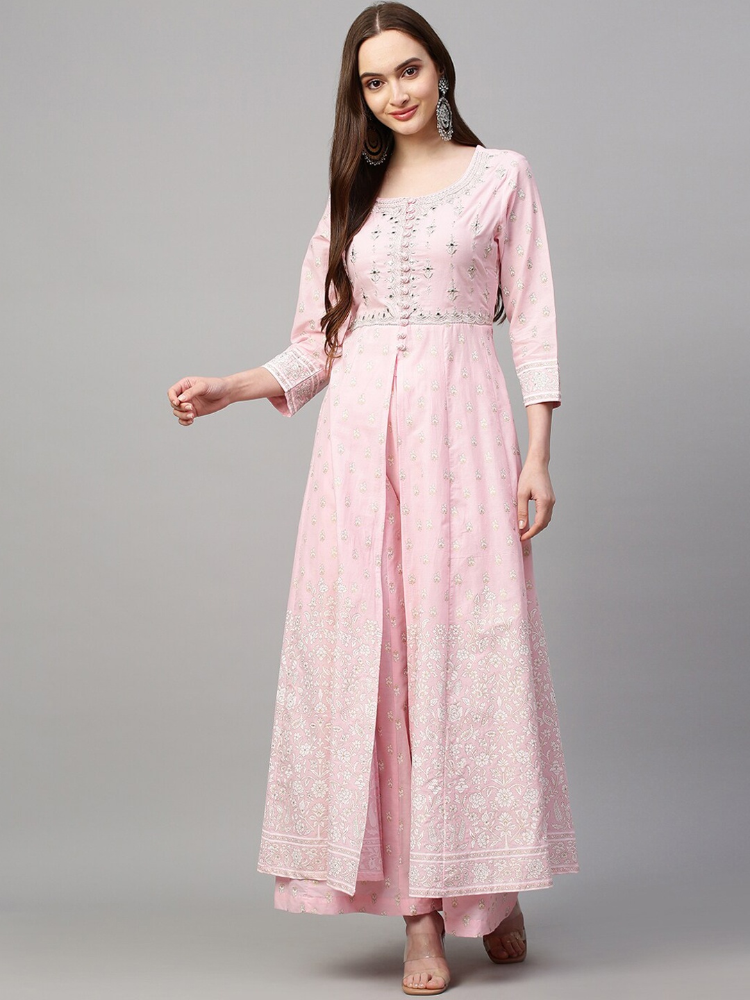 

FASHOR Women Pink Embroidered Pure Cotton Kurti with Skirt & With Dupatta