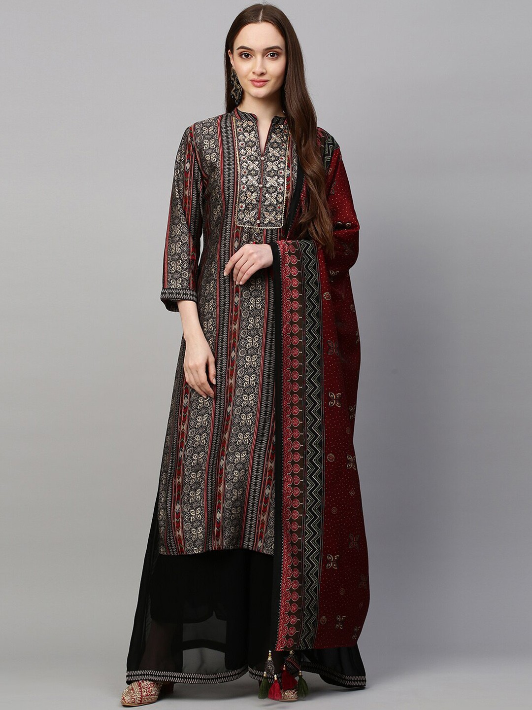 

FASHOR Women Black Ethnic Motifs Hand Embroidered Kurta & Palazzo With Dupatta