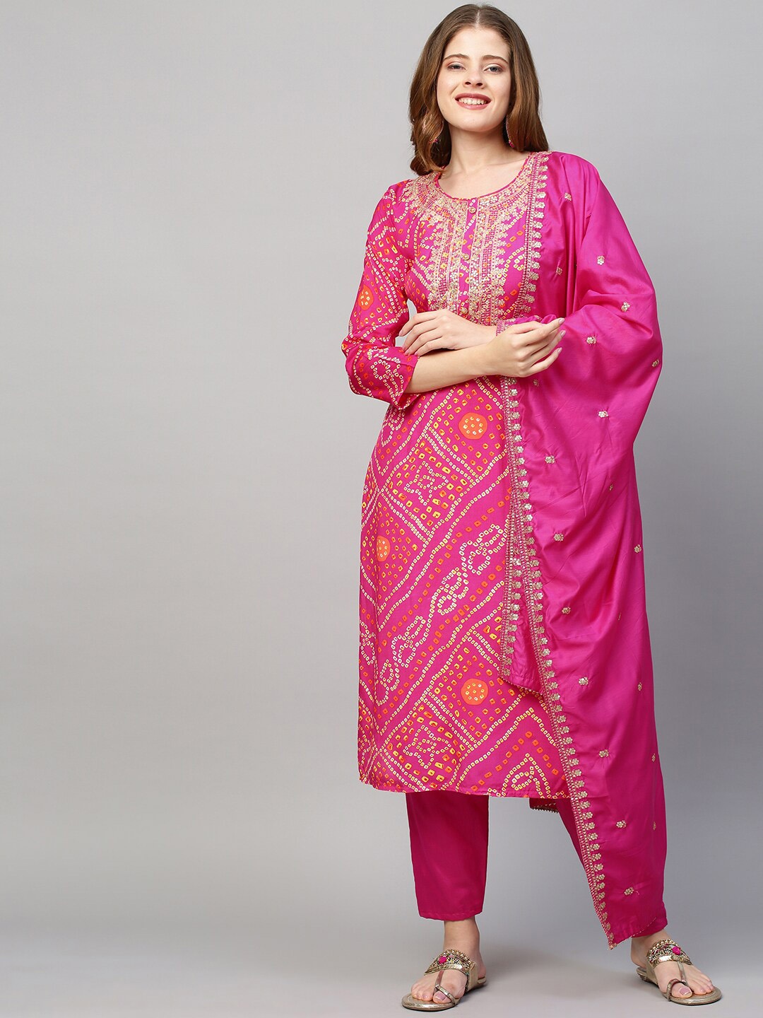 

FASHOR Women Pink Embroidered Kurta with Trousers & With Dupatta