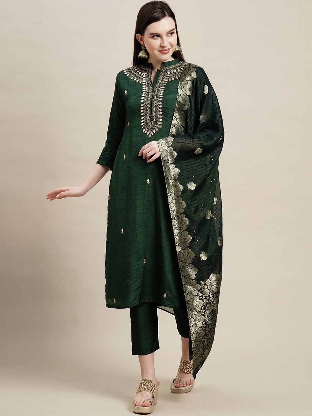 

FASHOR Women Green Gotta Patti Kurta with Trousers & With Dupatta