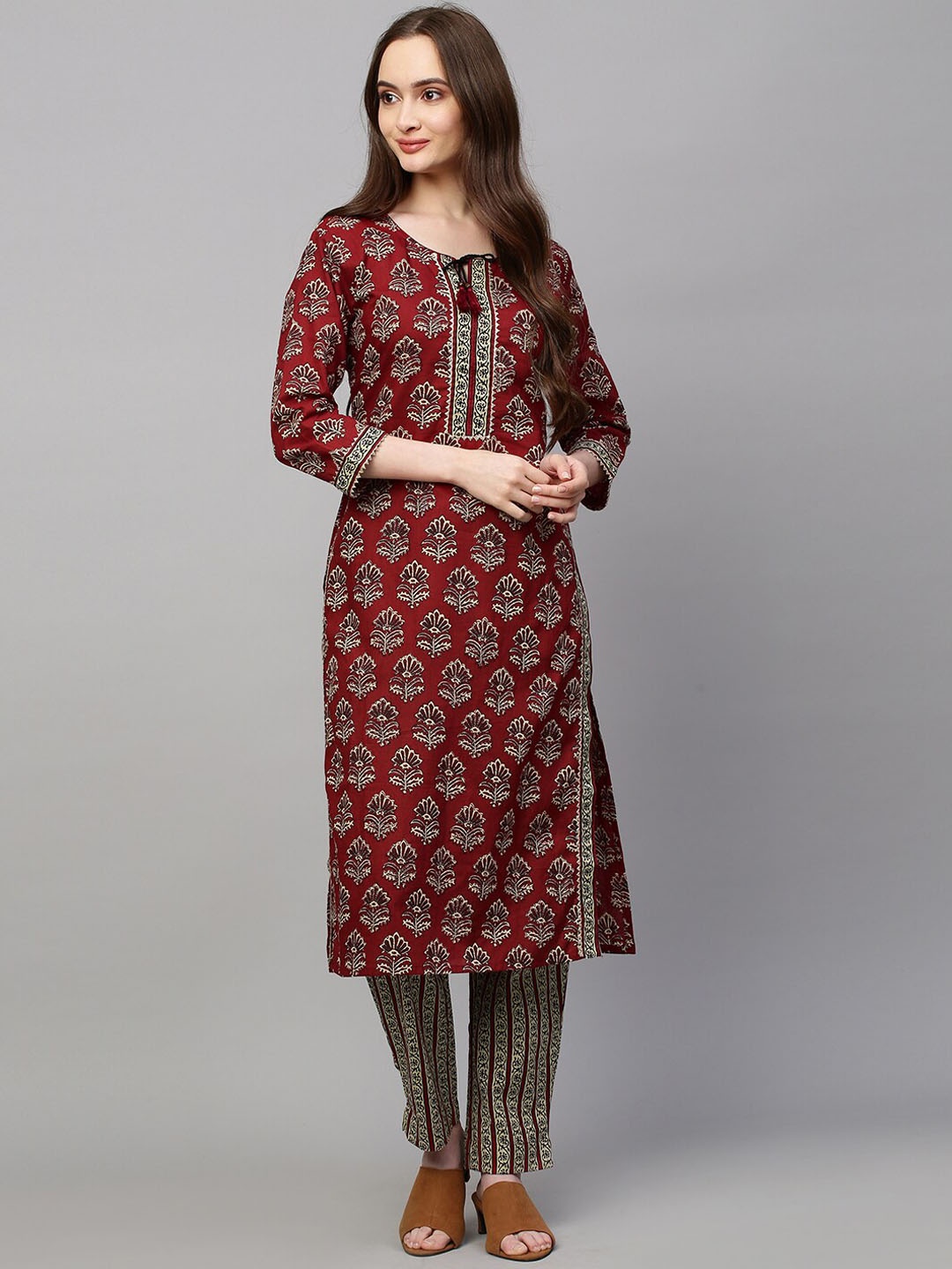 

FASHOR Maroon Ethnic Motifs Printed Pure Cotton Kurta With Trousers