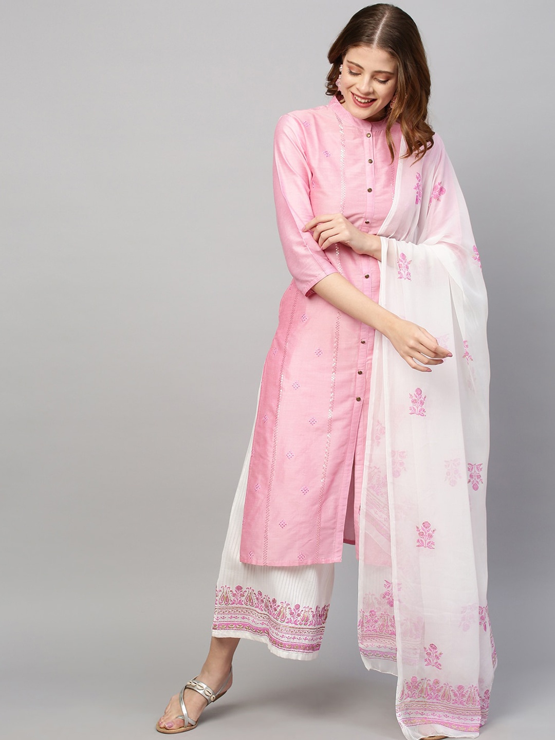 

FASHOR Women Pink Printed Sequinned Kurta With Palazzos & Dupatta